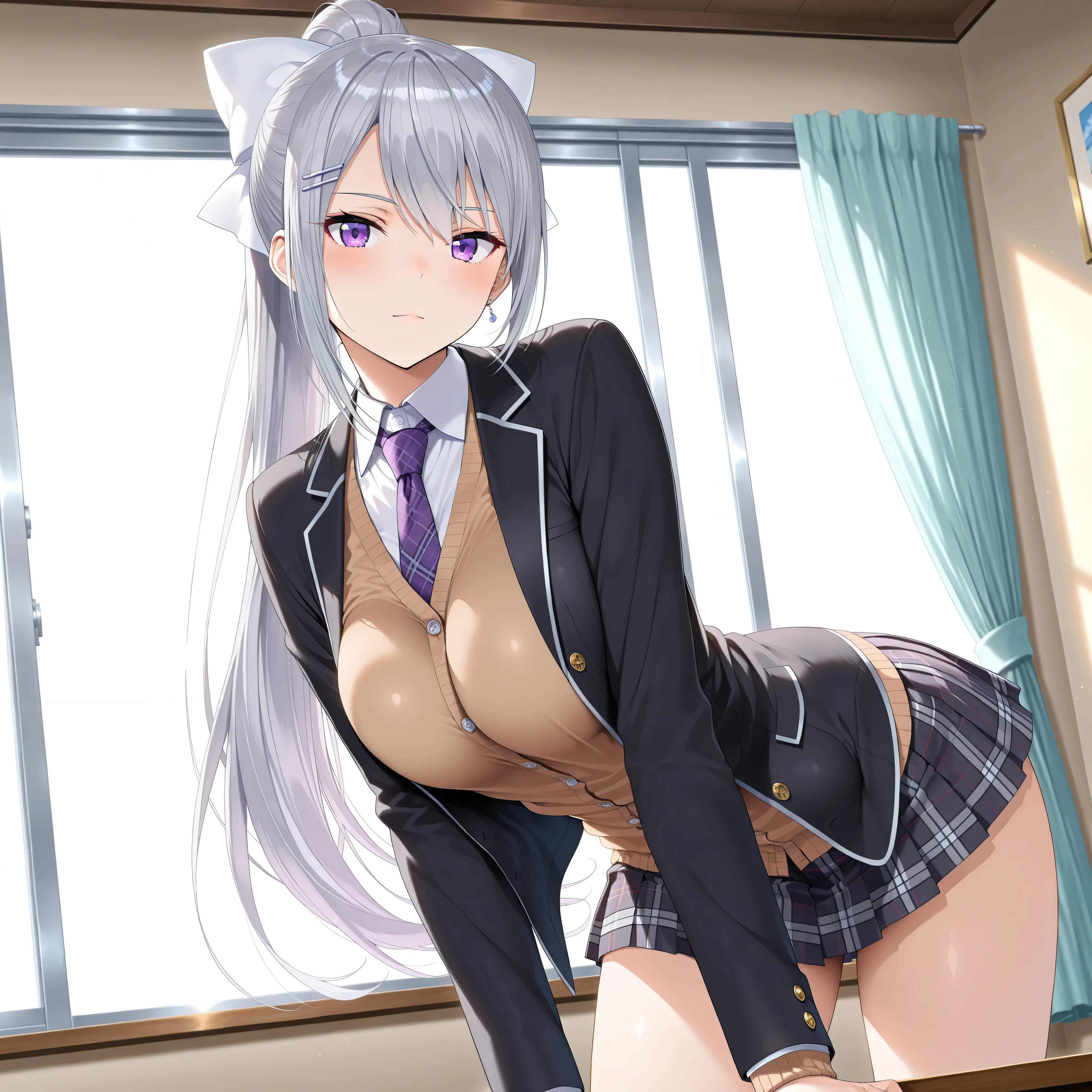 ((1 girl))、(smile:1.5)、small breastsのヌード、(cowboy shot)、(fun!!)、(white cardigan:1.5)、(blush:1.5)、(silver hair)、Chest roll-up clothing,pull clothes,((flat chest:1.3))、((I can see your nipples:1.5)),(dog ears), No bra, (black skirt),look down, ((classroom:1.5))Upper body,classroomのシャツロールアップシャツセーター高解像度,look down, Upper body,Fair skin,classroom,small breasts,shaved pussy、long hair、light blue eyes