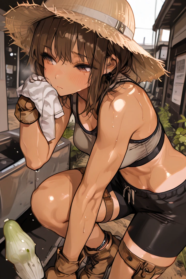 a centaur、delicate、thin、Tank top、Exposed belly、sink up to your belly in quicksand、touch the quicksand、Tentacles pop out of quicksand、Tentacles bind your wrists、Tentacles hold back the body、Sweat、panic、forest