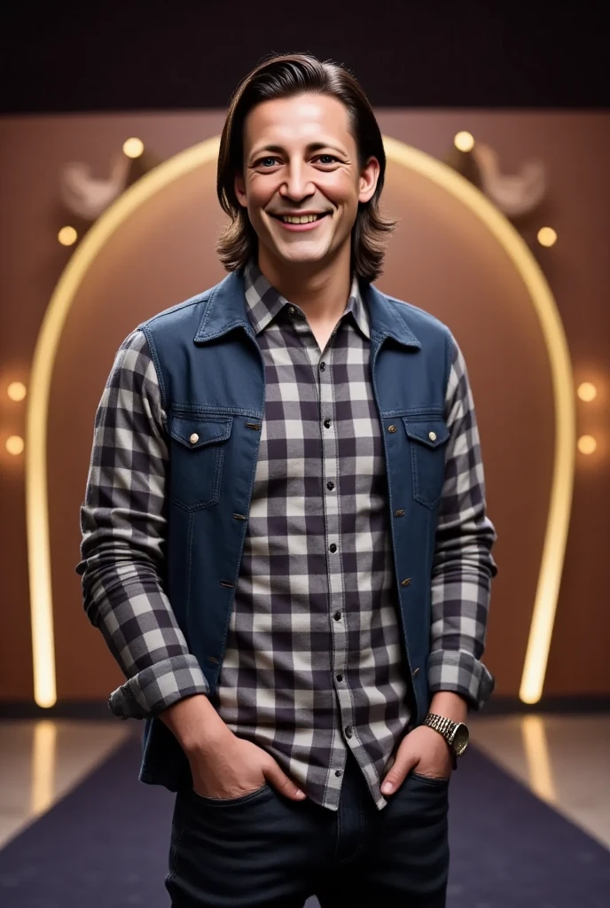 Tall 1.85 metres, English Male, 3, muscular, thin, unshaved stubble beard, olive skin, tanned, handsome green eyes, deep sight, wavy long hair, classy dressed casual badass, in black clothes smiling, he is dressed as Loki