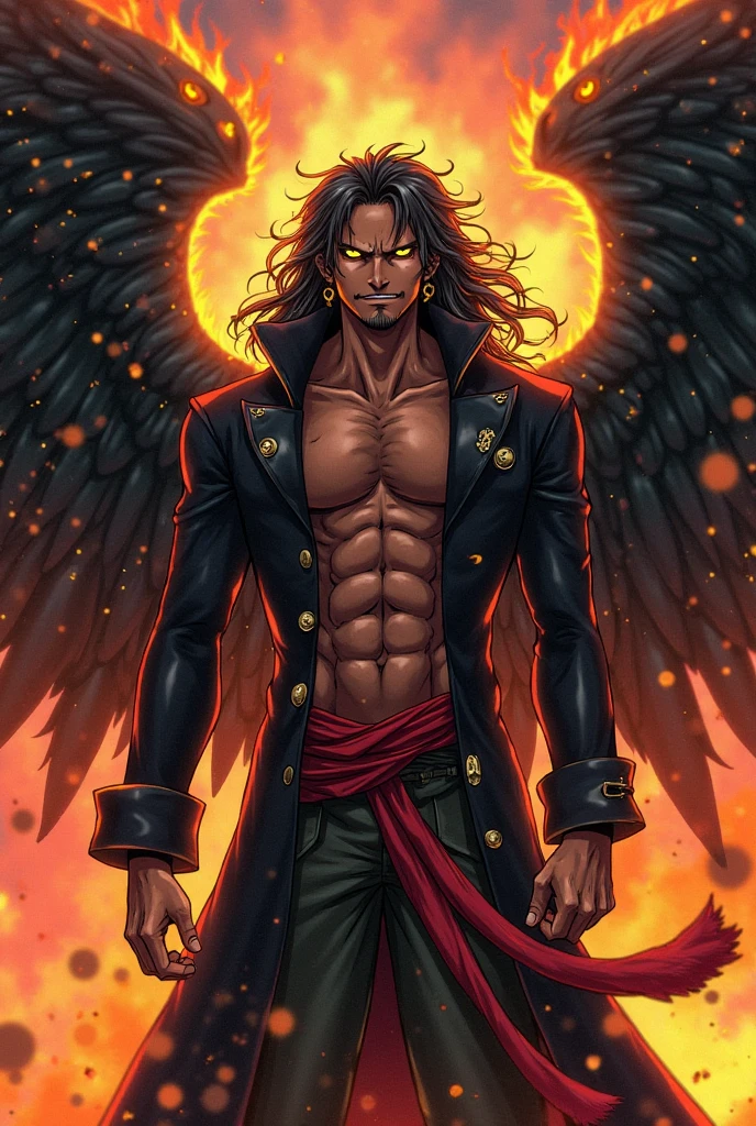 black background,black mist,A handsome tall man floating in the night,He is 28 years old,Thin waist,The pectoral muscles are well developed, He is 175cm tall,Weight 62 kg、yellow-green eyes、brown hair color、long hair、Topless,muscle,The body is slightly covered with transparent black gauze,You can see the body underneath, Countless crows flying in the sky,underwear,Black feather,looking into camera,Evil expression,red eyes,Cult,religious style decorations,Accessories full of details