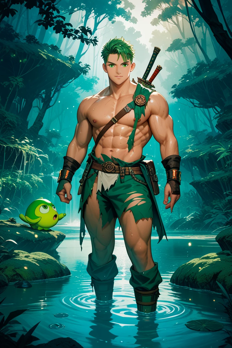 best quality,masterpiece,Ultra high detail,A handsome muscular fractal green hair elf druid prince, Short green hair,topless,),(wearing green wardrobe with jewelry ),realistic, waterfalls background, light environment