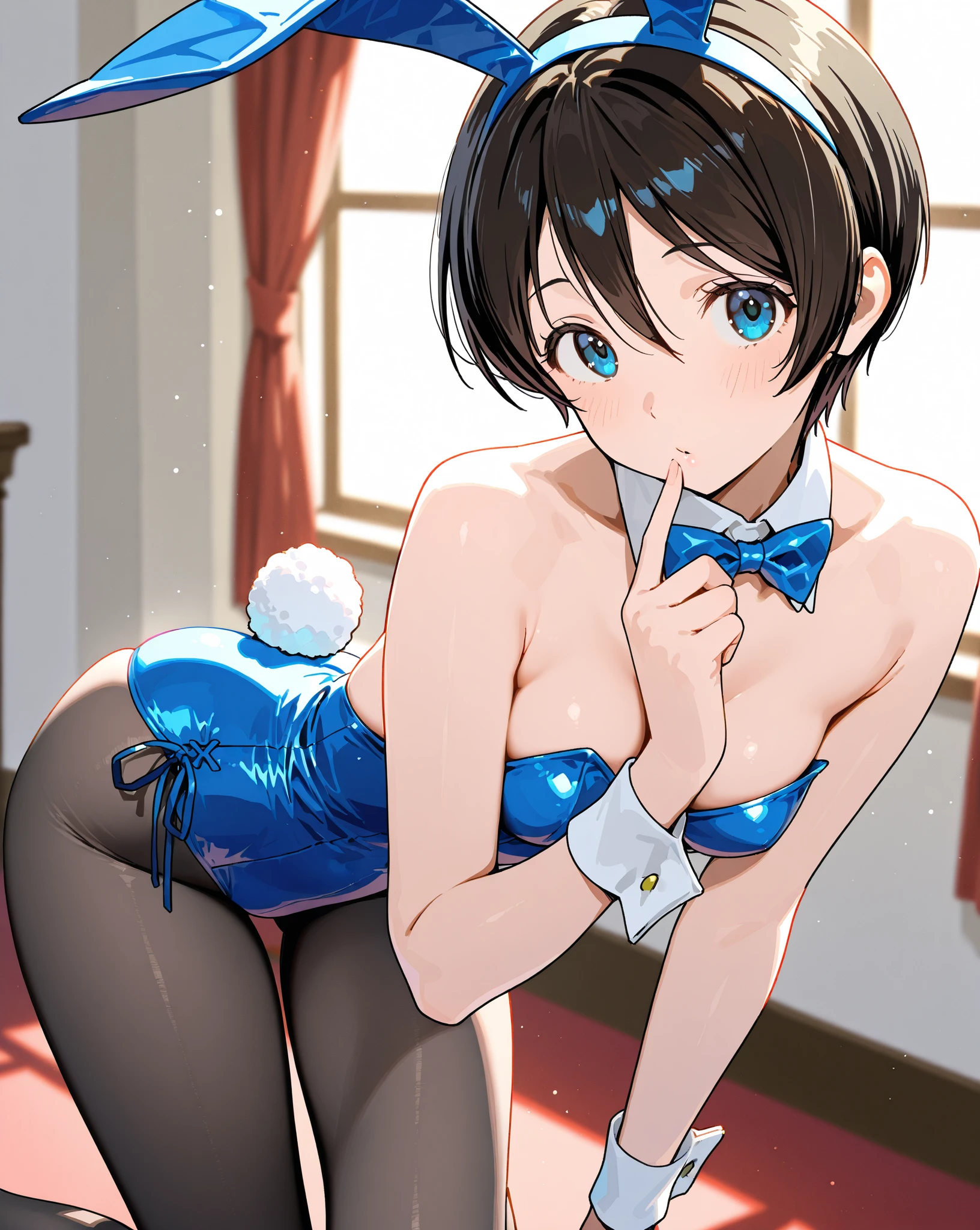 {((masterpiece), 8K,, Female about 20 years old.,bunnygirl、(Photorealsitic:1.37) (small tits:1.2), ,(Brown bob cut、bunnygirlのコスプレ、Rabbit tail),A smile、blush:1.3),full of sweat,(nighttime scene:1.3)Detailed drawings)}