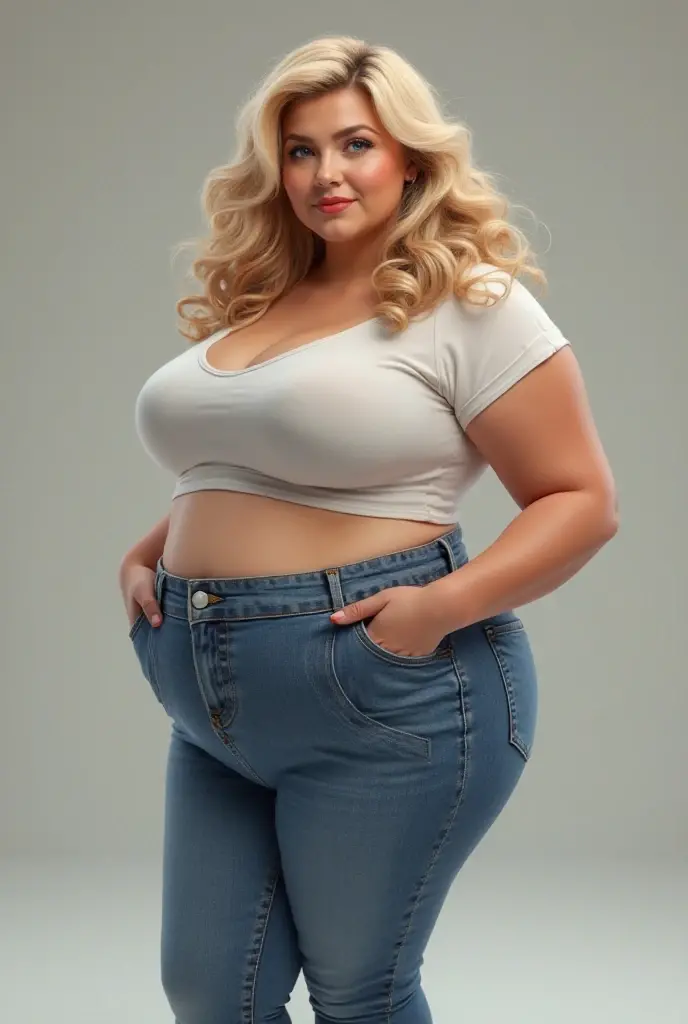 A hyper realistic carricature ,photorealism,of a fat woman 25 yo.with random hair style,standing.wearing sexy white pijama ,light smile, high detail,3d render,high definition