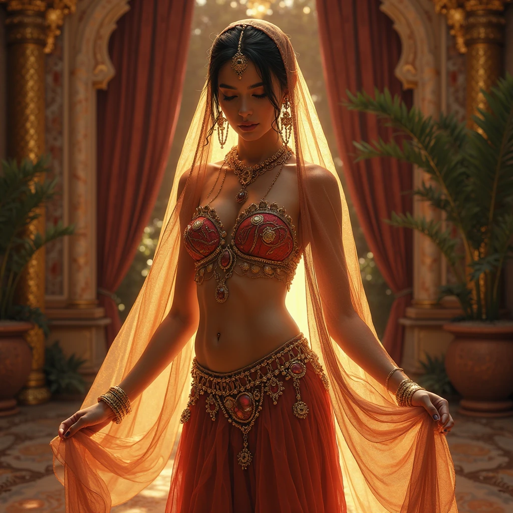 ((masterpiece), (best quality), ultra high res, (raw photo:1.2), (photorealistic:1.4), Exceptional detail, dramatic lighting, highres, 8k ,girl doing  ((masterpiece), (best quality), ultra high res, (raw photo:1.2), (photorealistic:1.4), Exceptional detail, dramatic lighting, highres, 8k, absurdres, solo, CNGirl_2, 1girl,long straight black hair, most exquisite  girl doing belly dance , full detail ,red dress , wearing some jewelries ,both hands up about holding clothes belly dance , --auto