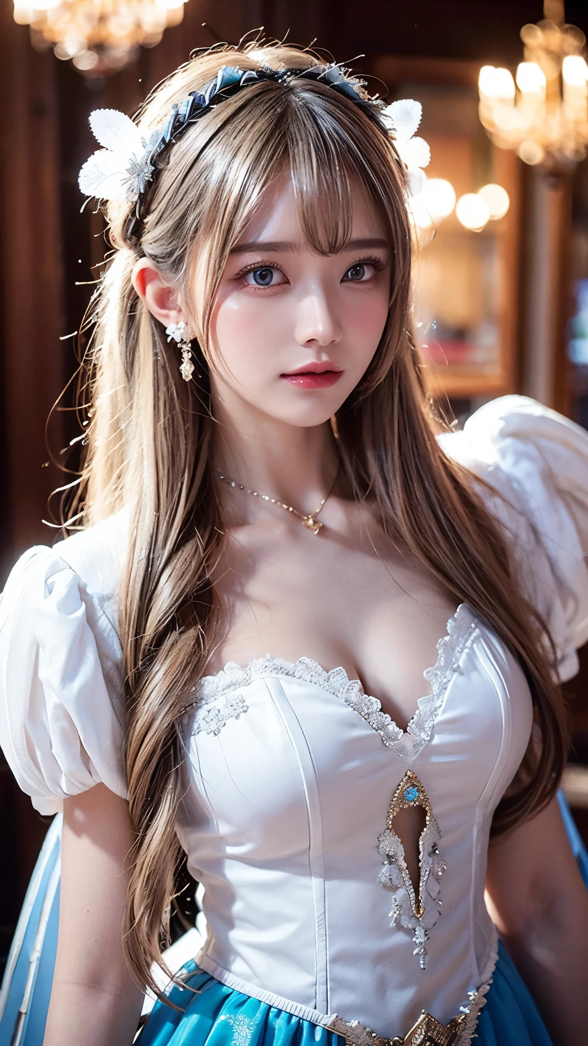 high quality work,Realistic artwork,Ultra Premium Graphics,8K HD CG Works,High quality graphics,High-definition and elaborate CG work,10x pixels,Ultra-fine detail:1.1,Advanced Technical Details:1.1Realistic photo effects,Indoor lighting effects:1.5,Natural soft light:1.5. Light effects(Virtual Light Effects:1.8),Ultra-high resolution,Shiny Dress,Silver long hair,Silver Hair,Transparent Hair,Hair with attention to detail(High quality hair detail:1.1)Clear Eyes,Double eyelids are beautiful,Sharp eye makeup, Creates exquisite eyelash makeup, Thin eyebrows, Very fine eye,High nose, Beautiful red lips, Rosy Cheeks, Delicate makeup applied , Pretty face, The face shape is perfectly balanced,(Advanced Face Detail:1.1)Portrait、Alice in Wonderland、blue sky、明るくてso beautiful顔、Younger, brighter, whiter skin、Best Looks、Long hair with dazzling highlights、Thin Hair、Very straight and beautiful long hair,,,,,,,,,,,,、Super long, silky straight hair、Shiny beautiful bangs、Shining, clear, big blue eyes、so beautiful、Lovely beautiful girl、White apron、Black Dress },,Women artwork,Dress full body video,realism,Great cleavage,Your eyes are shining brightly today