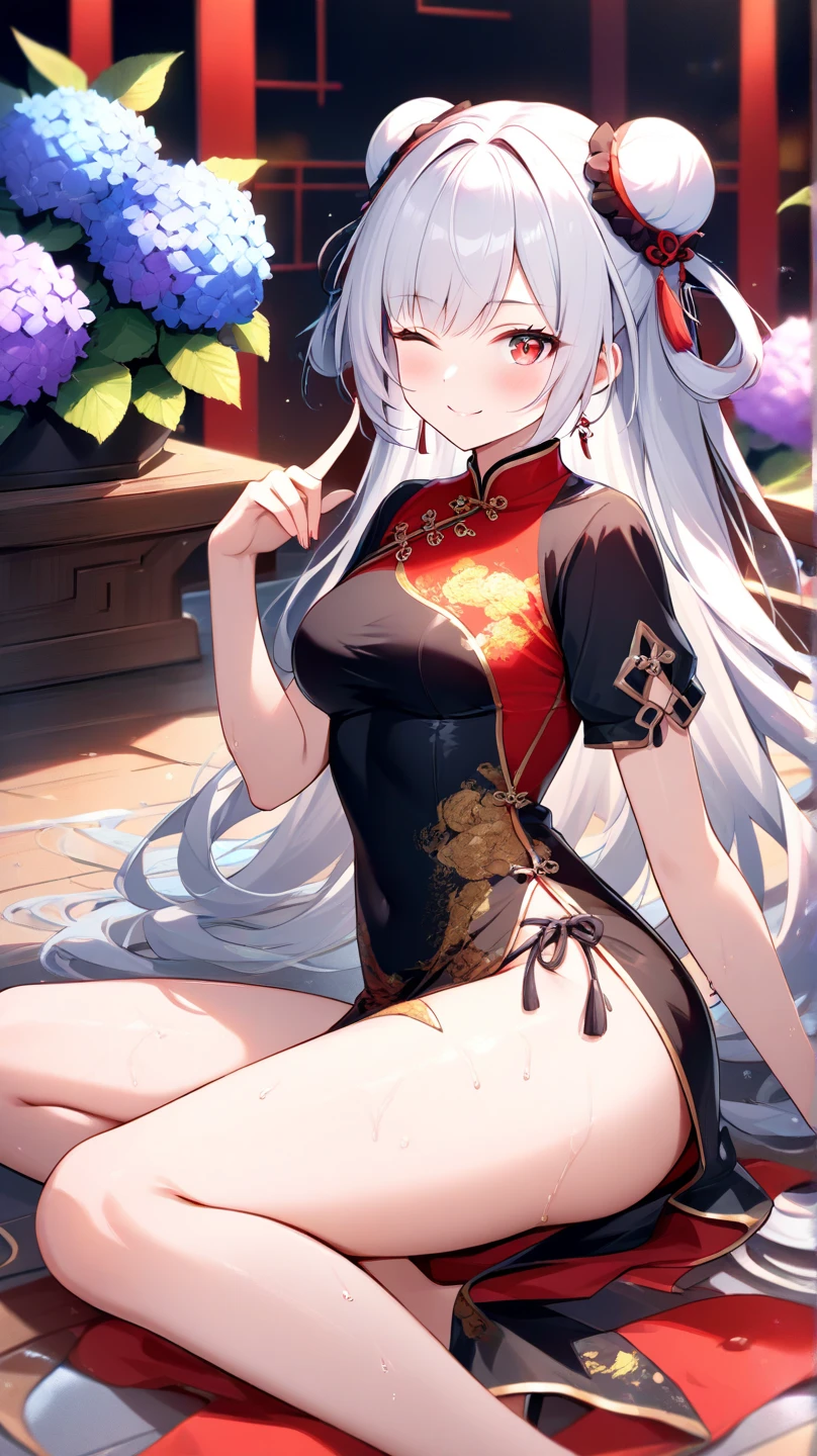 ((highest quality)),(ultra high resolution),(Super detailed),(detailed description),((best CG)),(best work of art),super precision art,amazing drawing art,(Chinese style art with precise details:1.5), (adult women:1.7),(beautiful and well-shaped face:1.6),(long slit eyes:1.7),(A Chinese dress dyed with a precise and detailed gradation.:1.7),(Bun head:1.6),smile, river with clear water,waterfall:1.4,open forest