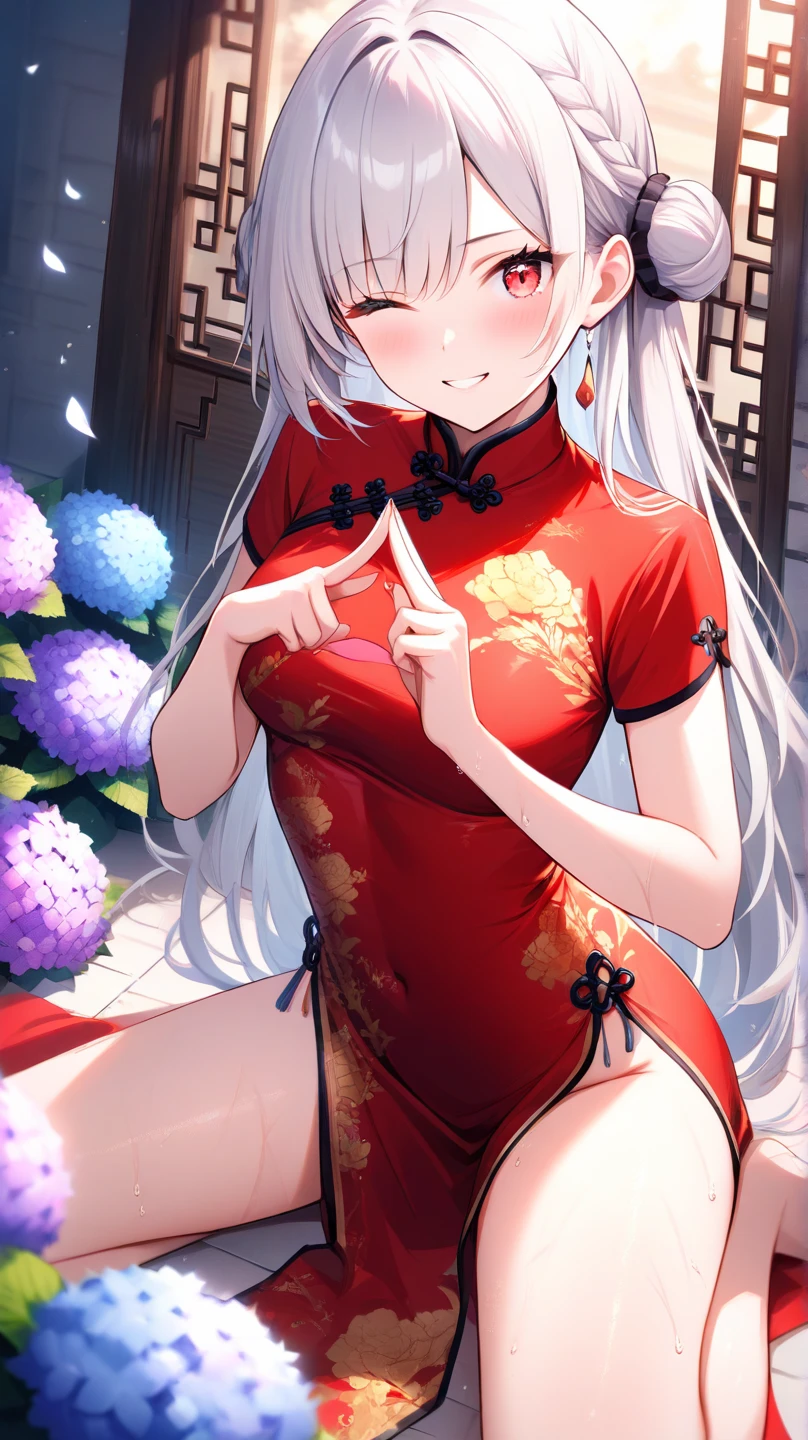 Magazine cover(masterpiece, best quality:1.2),woman,shy(((The eyes are delicate)))Wet body((Red cheongsam)),rain(8K)(HD)