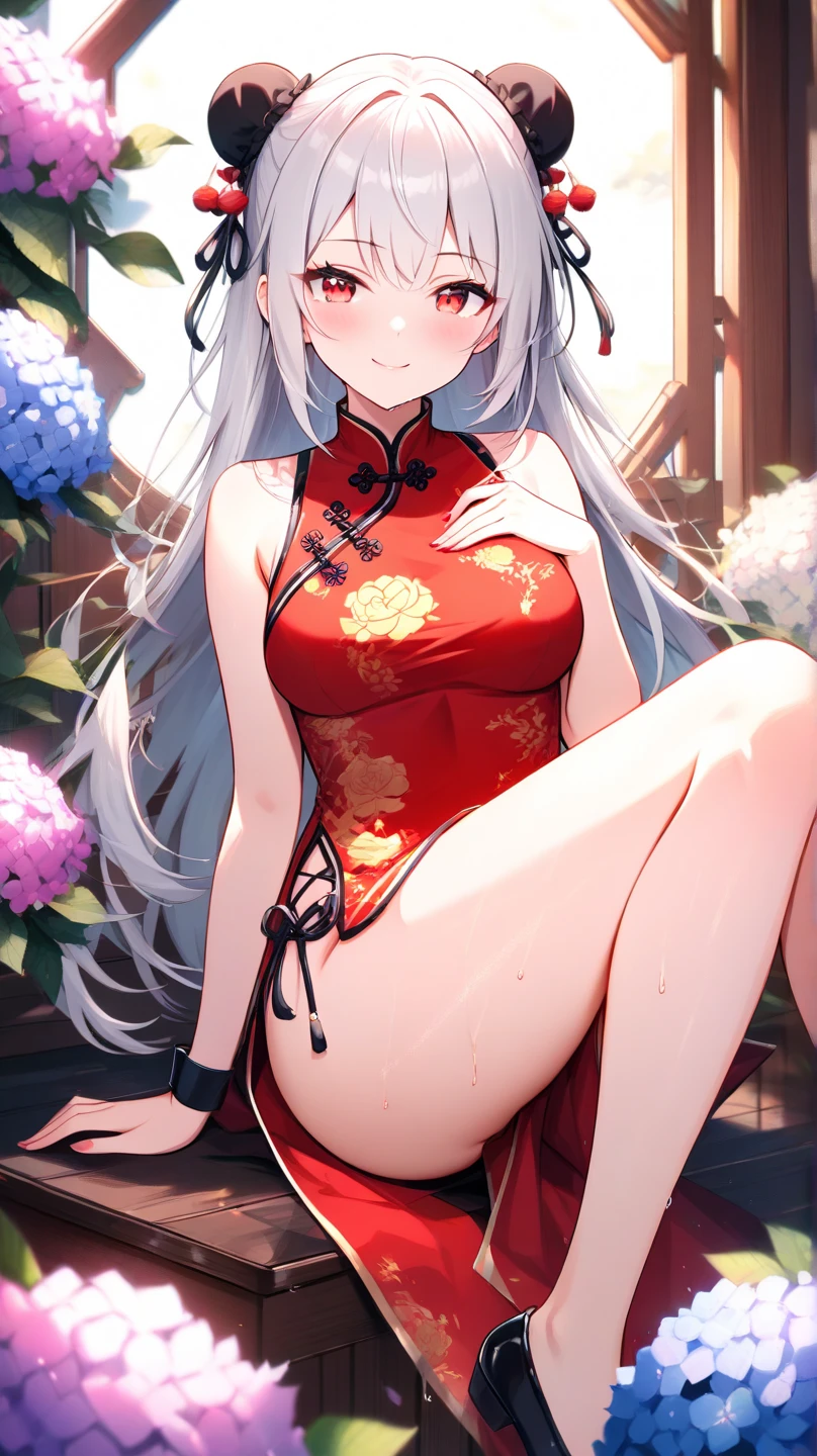 realistic image, coherent image, detailed image, 1 beautiful elf. She has silver hair, long hair. Yellow eyes, long eyelashes. Her face is oval and delicate. Smiling. She wears a red Cheongsam, side slits. She has a curvy body, medium breasts and thick thighs. Chinese temple, flower petals falling around. ambient light, volumetric light,