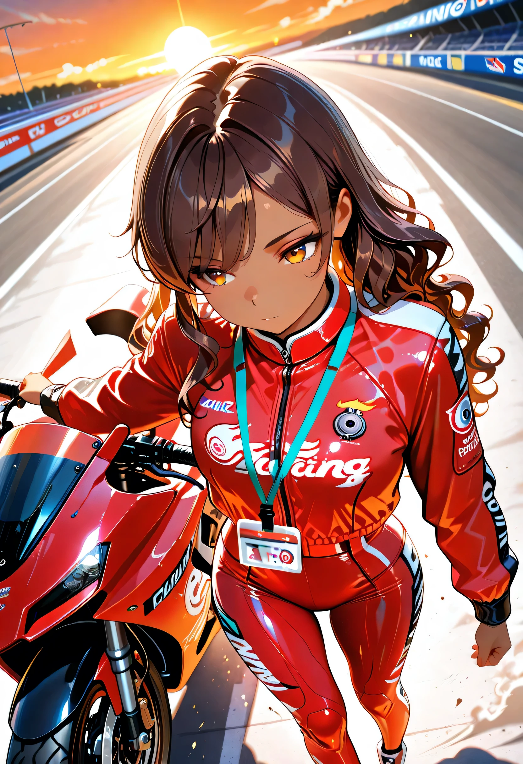 masterpiece, best quality, very aesthetic, absurdres, stylized, newest, depth of field, HDR, high contrast, sharp focus, 8k resolution, vibrant colors, smooth gradients, cinematic lighting, 1girl, solo, perspective is slightly angled creating a sense of depth, dynamic angle, dynamic perspective, dark brown hair, long hair, (wavy hair:1.6), sideswept bangs, red streaks of highlights, athletic build, amber eyes, sharp eyes, lightly tanned skin color, (hispanic:1.0), red racing jacket with flame details and sponsor patches, motorsports fashion, ID Lanyard, Leaning, leaning against sports motorcycle, (standing:1.4), sharp gaze, (big sports motorcycle:1.0) from above, {motorcycle racetrack, MotoGP racetrack, sports motorcycle, racers, dust element, particles, smoke, roadway, sunset, orange sky, sun, lens flare}