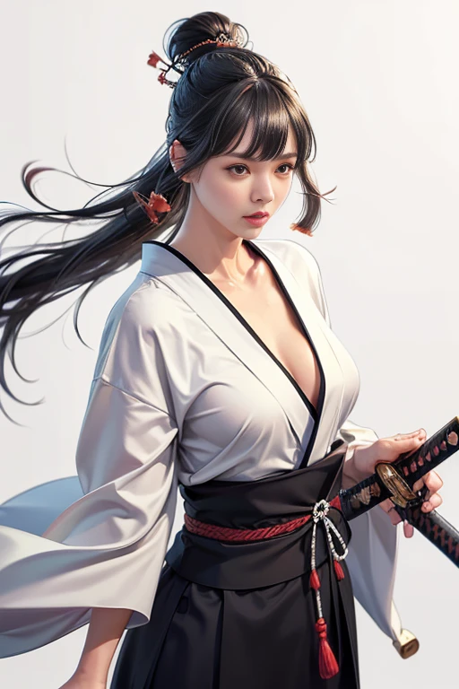 The enigmatic samurai woman (Musashi Miyamoto) wielding a long Japanese sword, Splitting with each powerful slash、Enveloped in the mist that obscures vision, Revealing a vivid and otherworldly scene, The clarity of the sword's slash against the hazy background, Mysterious Background, The fox's sharp gaze meets the viewer's, A layer of ethereal mist shrouding the foreground, Piercing, clear eyes, An exquisite and detailed kimono, Dramatic lighting and colors