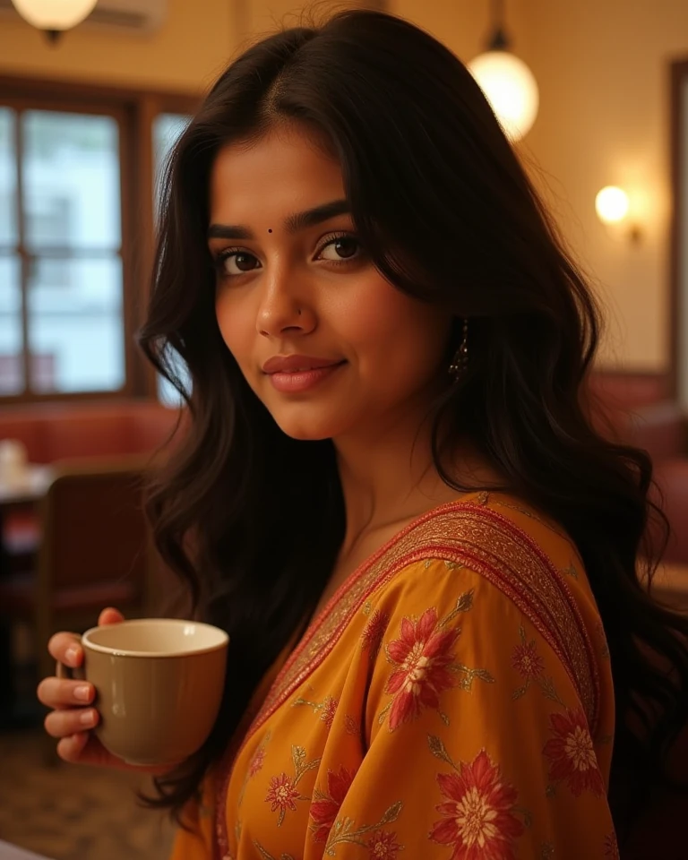 Create an image of a woman in a sleeveless, turtleneck dress, sitting in a busy coffee shop. She is drinking coffee and looking directly at the viewer with a subtle, thoughtful expression. The scene is captured from a distance, allowing the bustling environment of the crowded coffee shop to be visible, with people engaged in conversation and baristas working in the background. The woman’s side breast is subtly highlighted by the cut of her dress, adding a touch of elegance to her relaxed pose. The overall mood of the image is vibrant yet intimate, with warm lighting enhancing the cozy atmosphere. Chaitra, indian women