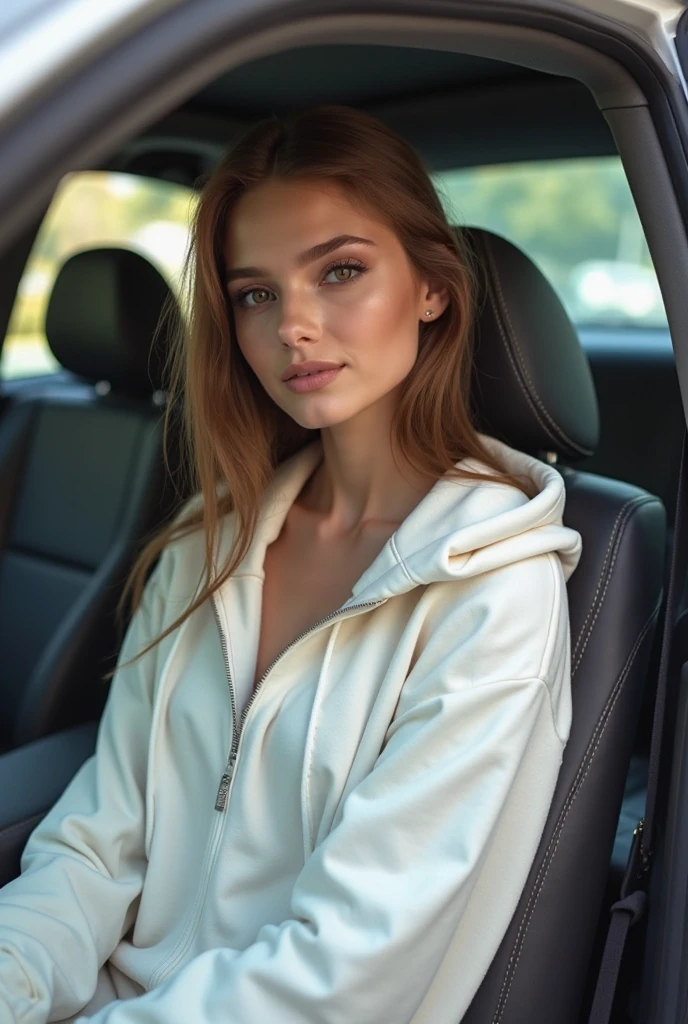 arafed woman fully, with brown eyes, ultra realistic, meticulously detailed, portrait sophie mudd, brown hair and large eyes, side view, dubai eyes, violet myers, without makeup, face with artgram, medium to large size bust, no blur, realistic, sitting in car, back seat of car, camera glare, realistic lighting, wear hoodie, teenager, photo of neck up, drinking starbucks, wide hips, small boobs, tiny tits, big butt, huge ass, thin girl, small, bubble butt, tiny short shorts, size b cup boobs, skinny, model, small waisted, Height 5 ft 1 in 154 cm, Weight 109 lb 48 kg, muscular build, Bra size 32B US, Bust size 32 in 81 cm, Waist size 23 in 58 cm, Hips size 35 in 89 cm