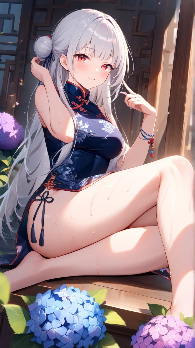 ((One personの女性)), Beautiful Face, (Laughing embarrassedly), (naughty face:1.1),((Wink:1.7)), (head tilt:1.3), teeth,Laugh with your mouth wide open,((Bright red cheeks:1.4)), ((thigh focus:1.3)), Glossy red lips, ((crossed legs:1.3)), ((panty shot:1.3)),Gold T-back shorts, (Shining Face), Touching hair with hands,looking at viewer, Rooftop terrace, firework,Lighting on the face, ((Anime style background)),masterpiece, Highest quality, so beautiful,up to date, Complex details, (Pink long nails),(ring),(bracelet),(Floral choker),AI-generated, Complex,High resolution, Highest quality, super high quality,3D Images、3D Images,One person,Long white hair,High Ponytail, Anime woman posing for a photo,(blue eyes), ((Fine grain、Silvery white eyes、Shining Eyes:1.3)), (Squint your eyes:1.1),a hyperRealistic , hyperRealistic , Realistic,Anime woman with long white hair, Smooth anime CG art, A woman in a colorful kimono with gold embroidery, (Black long sleeve kimono),Red floral pattern,Long flower hair ornament,Earrings,Mature Body,(Big Breasts:1.1),Tall,Abdominal muscles,Tight waist, (Zoom up to face:1.0), ((from side and slightly from below)), 