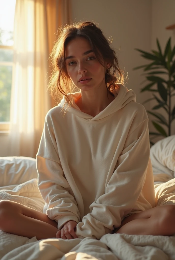 A woman wearing panty and a hoodie while at home