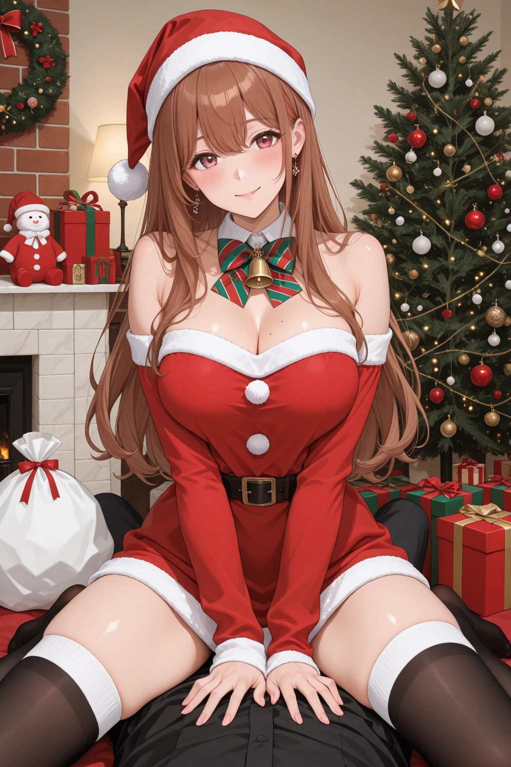 holding a present box in a christmas scene with other people in the background,
christmas, christmas_lights, christmas_ornaments, christmas_tree,
Standing at attention,diffraction_spikes, glint,sparkle,
Red_santa_bikini, santa_boots, Red_santa_costume, Red_santa_dress, Red_santa_gloves, santa_hat, short_dress,
<lora:WIZ_KonosubaFD-KK77-V1:0.7>,jewelry,earrings,gloves,
red_hair,brown_eyes,hair_over_one_eye,
1 girl, 20yo,mature female,Beautiful Finger,Beautiful long legs,Beautiful body,Beautiful Nose,Beautiful character design, perfect eyes, perfect face,
looking at viewer, (big_eyes:1.0),(Light_smile:0.7),
NSFW,official art,extremely detailed CG unity 8k wallpaper, perfect lighting,Colorful, Bright_Front_face_Lighting,
(masterpiece:1.0),(best_quality:1.0), ultra high res,4K,ultra-detailed,
photography, 8K, HDR, highres, absurdres:1.2, Kodak portra 400, film grain, blurry background, bokeh:1.2, lens flare, (vibrant_color:1.2)
(Beautiful,large_Breasts:1.4), (beautiful_face:1.5),(narrow_waist),