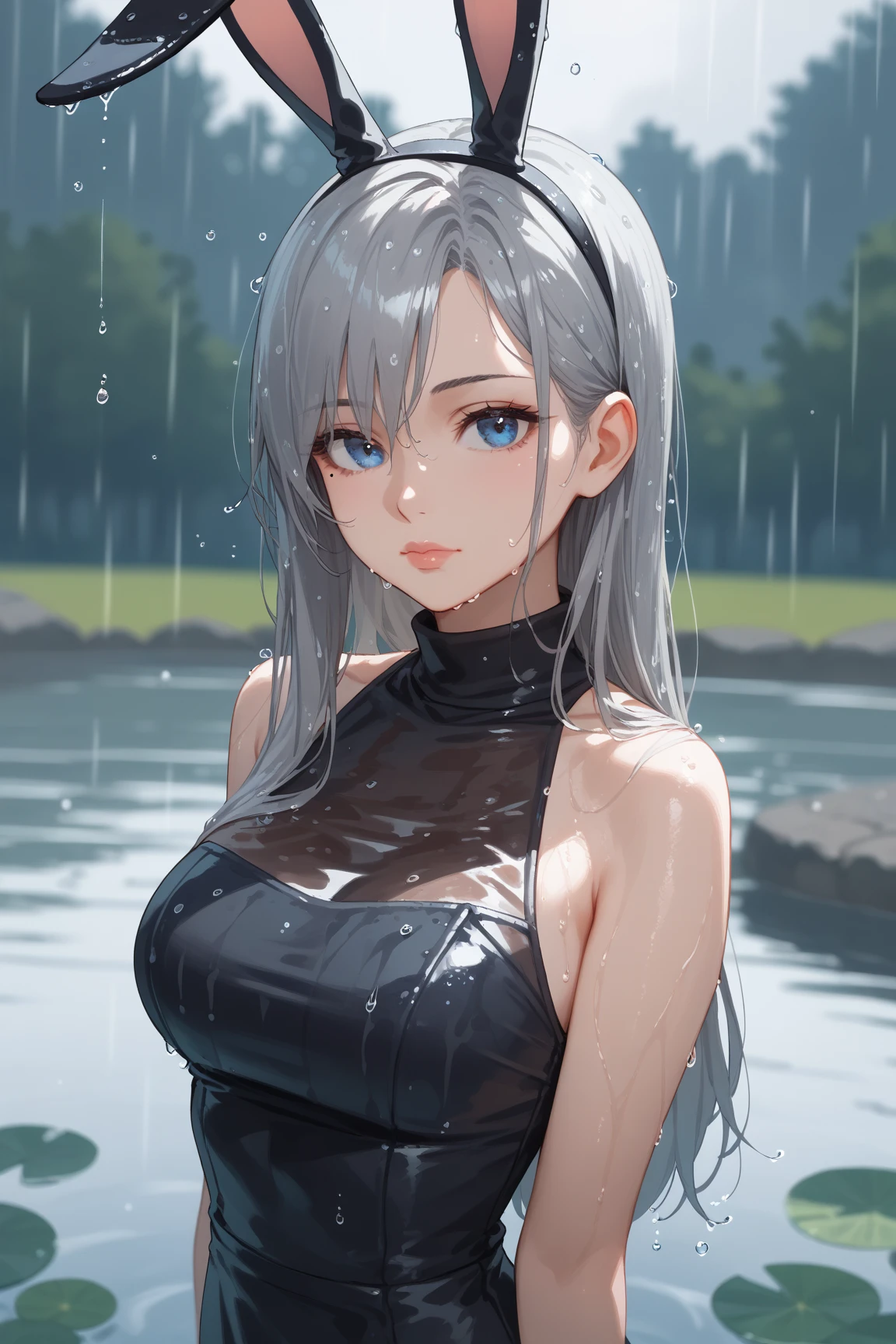 (best quality, 16K, masterpiece :1.3), pretty Woman, 1 girl, (Large Breasts, Beautiful clavicle, Attractive figure :1.2), Abdominal muscles :1.1, Shoulder-length hair, curls, Blonde ombre light blue hair, Messy hair, Side lock, (wet from rain, get wet by rain, wet :1.2), Sky blue gradient lake green eyes, Upturned eyes, Pupils sparkling, the pupil reflelts the surroundings, Super detailed face, Delicate lips, Exquisite eyes, Double eyelids, The hair on the eyes has grown out