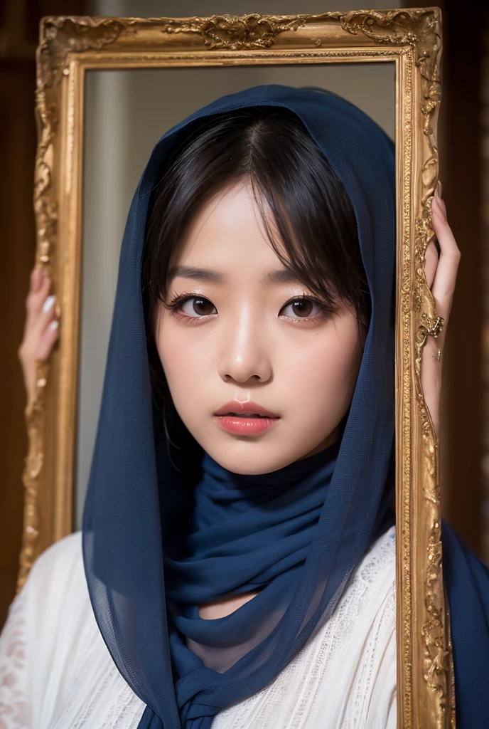 masterpiece, top-quality, 8K, absurderes, a beauty girl, kawaii, outdoor,(half body:1.2), (fullnude:1.5), wearing pasmina hijab, hijab, (dark brown long hair),nice body, No makeup, bukkake, Near and far law, depth of fields, A hyper-realistic, hight resolution, a picture, foco nítido, nffsw, face lights, 动态照明, Highest detail, Extreme details、ultra-detailliert、detaile、authentic skin、delicated facial features、Easy Negative