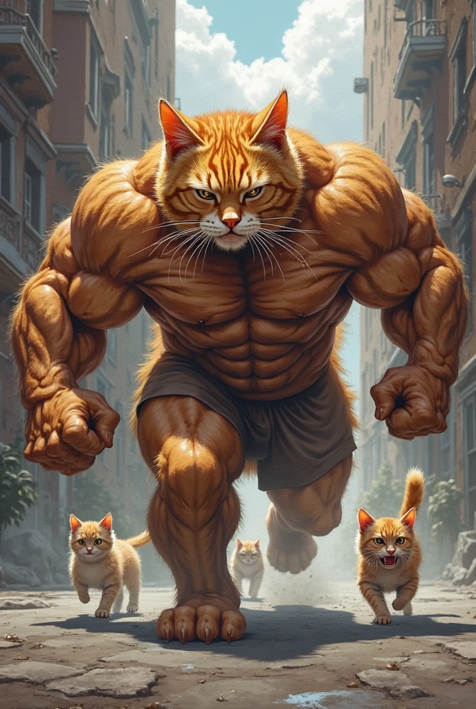 A highly detailed and exaggerated image of an anthropomorphic muscular orange tabby cat with human-like features, wearing green shorts. The dog is standing in a medieval, dungeon-like setting with stone walls and floors. The lighting is warm, with torches on the walls illuminating the scene. The cat has a powerful, bodybuilder physique with defined muscles, a confident stance, and a determined facial expression. There are smaller, less detailed cats in the background, giving a sense of depth to the image.