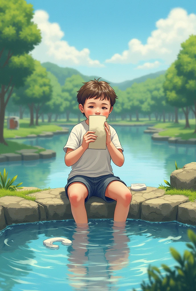 On the platform by the river, there is a happy little boy with short hair, who steps barefoot into the water with a pair of slippers next to him. The river is clear and wide, with beautiful reflections on sunny days, clouds, and sunlight. He plays to his heart's content, smiles brightly, makes people feel good, HD realistic, 3D style, no shoes on his feet, full toes in the water
