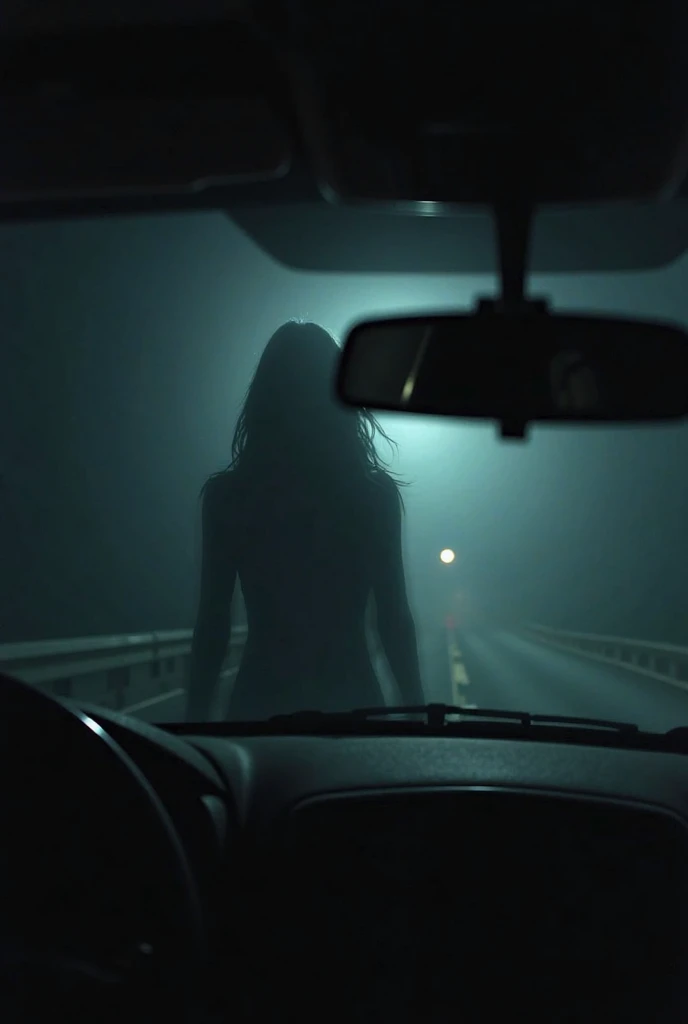 The camera's subjective view from the rear-mounted car captures the treacherous mountain road, shrouded in pitch black darkness, with only the weak glow of headlights illuminating the asphalt. The winding slope stretches out before you, sharp curves and steep inclines making it perilous to navigate. Suddenly, a thin metal guardrail materializes through the windshield, as if warning you to slow down. Ahead, a ghostly figure emerges from the darkness - a stunning woman in a white sheer negligee, her piercing gaze fixed on you, a mischievous smile spreading across her face as she laughs, her ethereal presence seeming to draw you in, like a siren's call, against the eerie backdrop of the mountain pass., perfectly beautiful body, super detailed skin, glossy skin, Beautifully detailed mouth, beautifully detailed teeth, beautifully detailed fangs, beautifully detailed tongue, beautifully detailed lips, masterpiece, incredibly absurd res, absolutely resolution, ultra high res,
