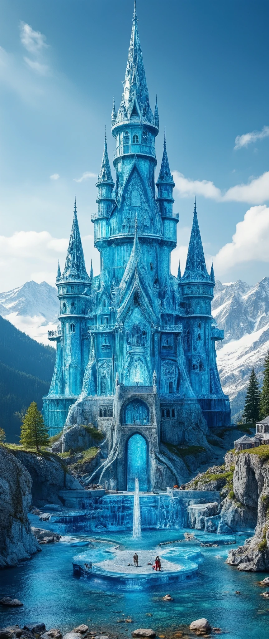 (highdefinition images:1.5)、Majestic Atmosphere,(A huge, transparent blue glass castle that seems to reach the sky:1.5),masterpiece,(highdefinition images:1.5),(top quality:1.5)、(Extremely transparent glass castle:1.5),Look Up、Blue Sky Flowing、(An old European castle with an intricate shape made of glass is being built:1.5)、German glass castles、 Scenery、Nature、high resolution、photorealism, (Amazingly Detailed and Clear Glass Castle:1.5),(Neuschwanstein Castle:1.5),