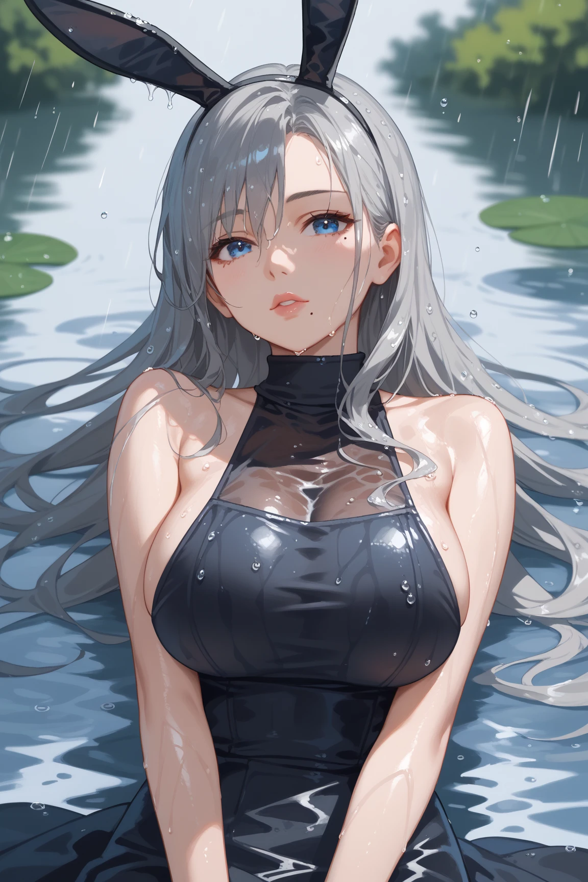 masterpiece, best quality,Illustration, Wallpaper, ultra detail, absurdres,
1girl, (mature female), solo, (liquid hair:1.2), (detailed eyes), large breasts,
(close-up), long hair, bangs, white hair, black, off shoulder, covered nipples, looking up, upside-down,
waves, water, water drop, walking on water,
(ocean:1.3), (beach, sun) ,
<lora:LiquidHairV3(104):1> ,