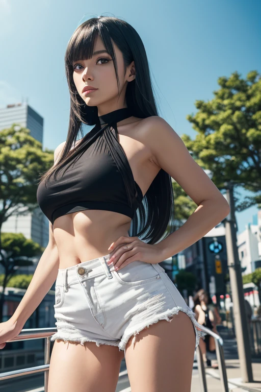 1 perfect japanese women, masterpiece photo realistic, hyper realistic japanese facial features, curved lips, better painted lips, long luscious black hair, choker collar on neck, big round breasts, abs wide hips, perfect ass, black thin white crop top, mini skirt, butt showing, black g-string, in downtown tokio, daytime bright sunlight, cars and people in background, hyper realistic background,