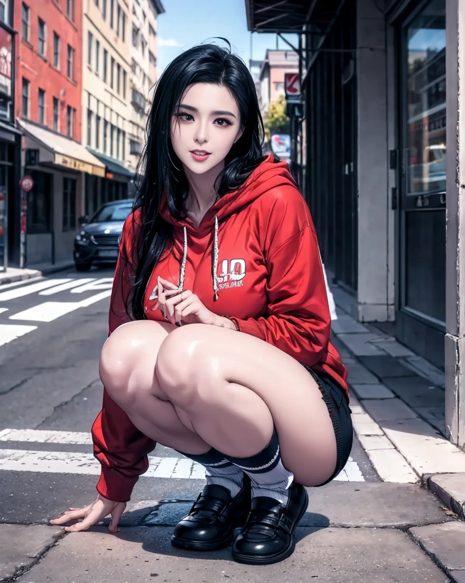 A digital illustration in anime style of a girl standing in a grassy field. She has long black hair styled in a ponytail and blue eyes. She is wearing a satin shiny red hoodie, a black leather pleated short skirt, black high heels, and a delicate necklace. The girl should be looking directly at the camera, with her full body visible, including her high heels. The illustration should be ultra-realistic and high resolution (8K), with a clear and sharp depiction. The image should capture the girl's dynamic pose and stylish outfit, with an exquisite and beautifully detailed presentation.