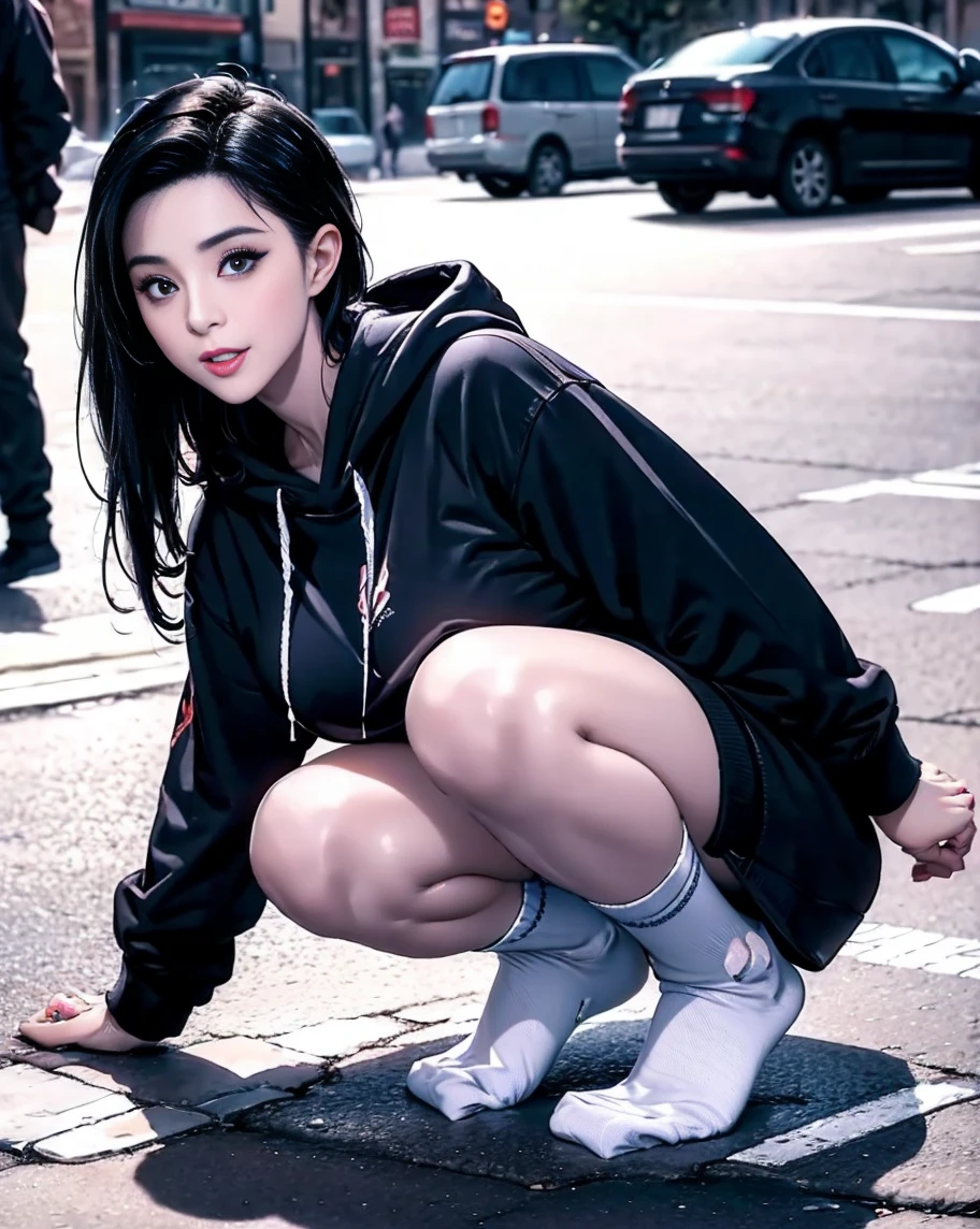 Masterpiece, ultra detailed, 8k, !(Beautiful girl sitting on the floor, She has black hair tied up in a ponytail, she has a perfect body . She is wearing a black jacket with a pink scarf and pink skates. She is sitting with her legs crossed and her arms crossed )