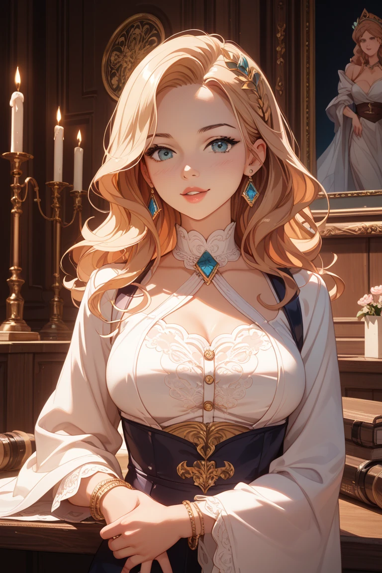 ((Best quality)), ((Masterpiece)), (detailed), perfect face perfect figure, Middle Ages, palace background, 26 year old, Scandinavian woman, Princess, Golden hair, long hair bun-like hairstyle, bright blue eyes, pale skin, large breasts, buxom chested, tight blue dress, off shoulder, cleavage, diamond tiara, high resolution, (ultra-detailed), (best illustration), (best shadow), (absurdres), (perfect hands, perfect anatomy), (4k textures), epic artistic, sharp focus, even lighting, insane details, intricate details, hyperdetailed, rich colors,
