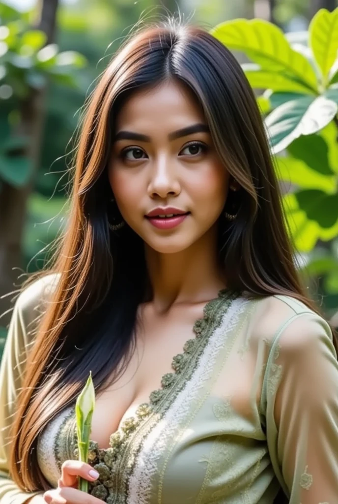 In the midst of a serene, lush garden, a captivating busty Malay lady poses in her purest form. Her skin, a radiant golden hue, is glistening with a dew-kissed sheen, as if the warmth of the Malaysian sun has left an eternal imprint. Her gaze is enticing, filled with a seductive allure that draws you in. Her ample bust is a sight to behold, a testament to her natural beauty, adorned only by the delicate curves of her body. The green leafy canopy above casts dappled shadows, creating a surreal, almost ethereal quality to this exquisite
