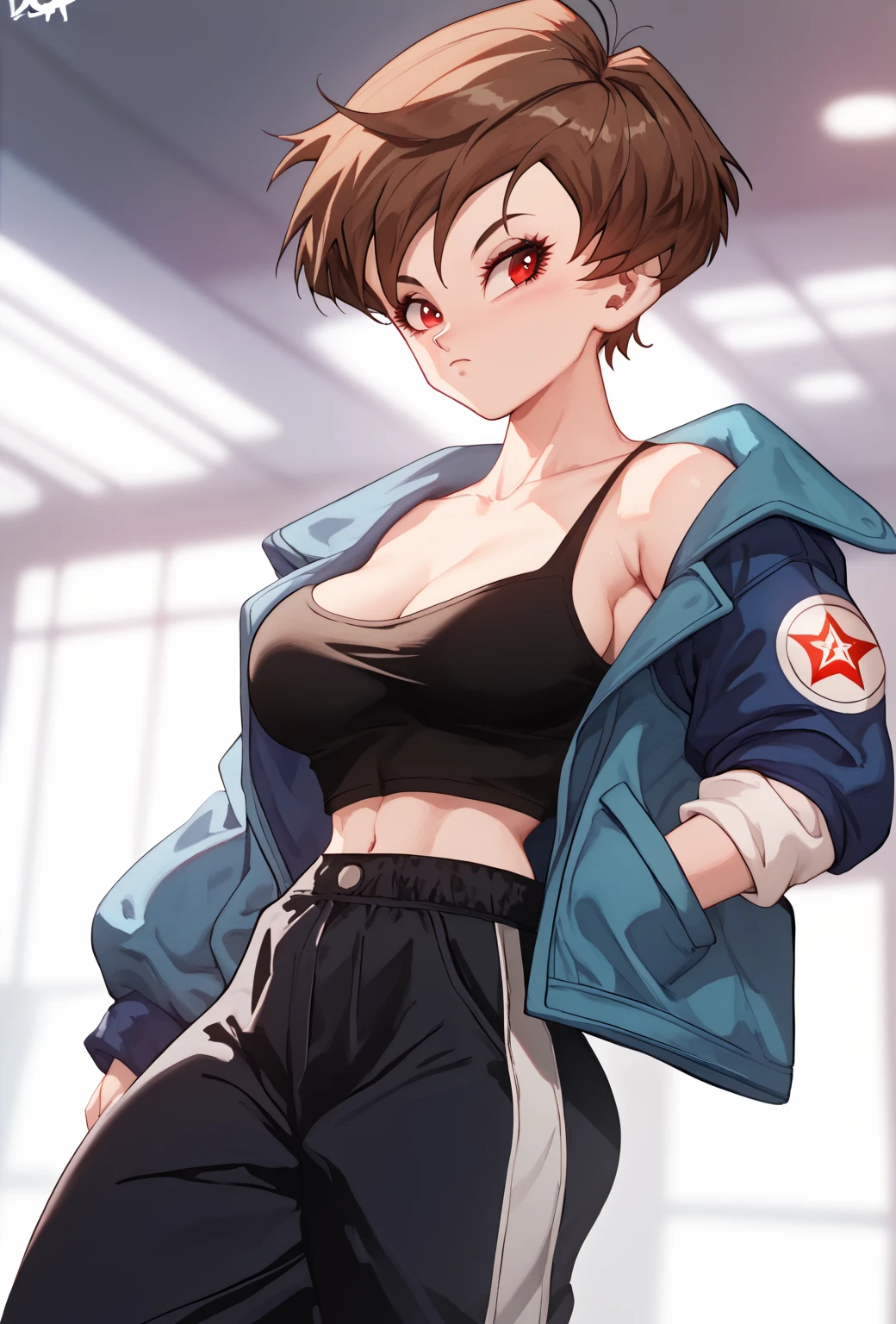 anime portrait of a Original Character, Volumetric Lighting, Best Shadows, Portrait Of Stunningly tomboy, atletic, Delicate Beautiful Attractive Face With Alluring blue Eyes, Messy Painted Face, Sharp Eyebrows, Broadly Smiling, Open Mouth, Fangs Out, Lovely small Breasts, pixiecut small redHair, Blush Eyeshadow, Thick Eyelashes, fitness clothes, yellow jacket, Slim Waist, Denim Jeans dark Pants, With Buckle Belt, In a gym, (Highest Quality, Amazing Details:1.25), (Solo:1.3), Brilliant Colorful Paintings --auto --s2