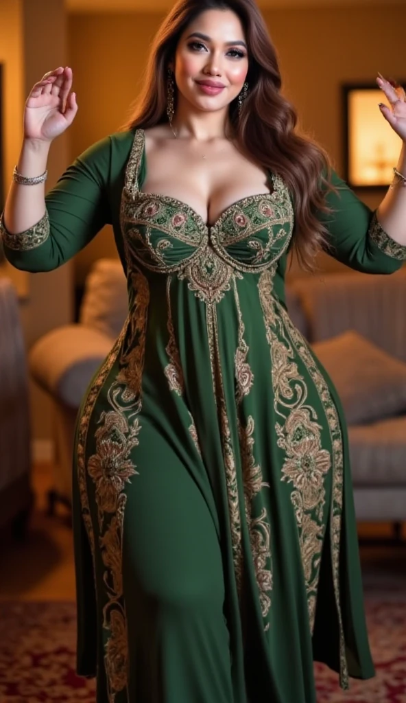 Erotica image of: Perfect eyes, the dark lord princess, thick body with small sagging breast, wearing green royal dress with full intricate gold motifs, swinging spells with rising hands, cleavage, showing off luxurious jewelry all over her body, big royal diamond crown, vampire make-up, a wind blowing robe, at the dark room of dracula palace, dark ambient low light, culthu fog effect, arrogant face, full body photo, dynamic angle, greasy skin