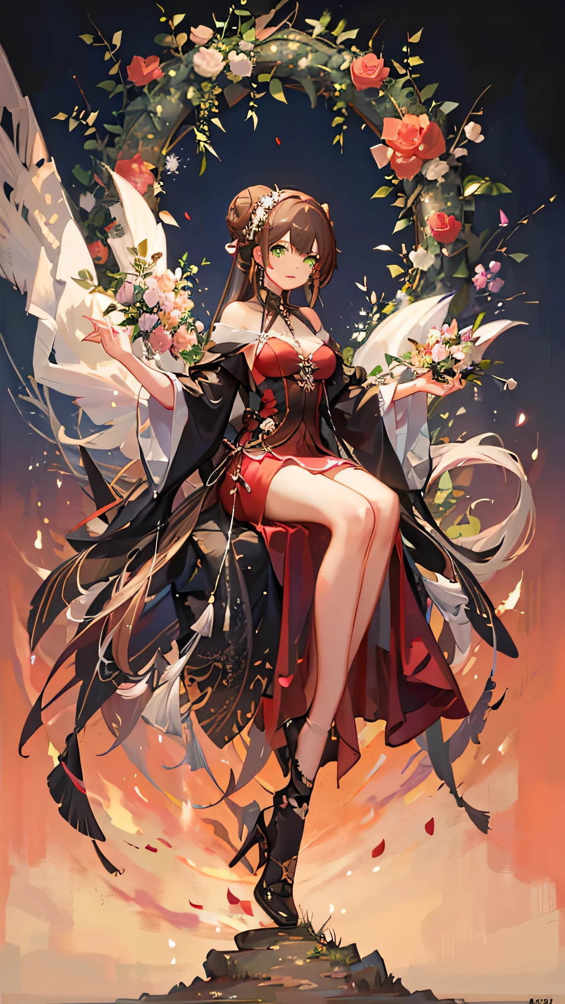 (highest quality, High resolution), Glowing Eyes, Delicate facial features, Vibrant colors, Dreamy atmosphere, Fantasy Theme, Floral Background, Graceful Movement, Detailed clothing, loose fitting dress, Elegant fashion, Magic lighting, Mysterious Aura, Heavenly Beauty, Magic thread, Whimsical elements,Big Breasts、Red attire、Colorful costumes、lingerie、Purple outfit