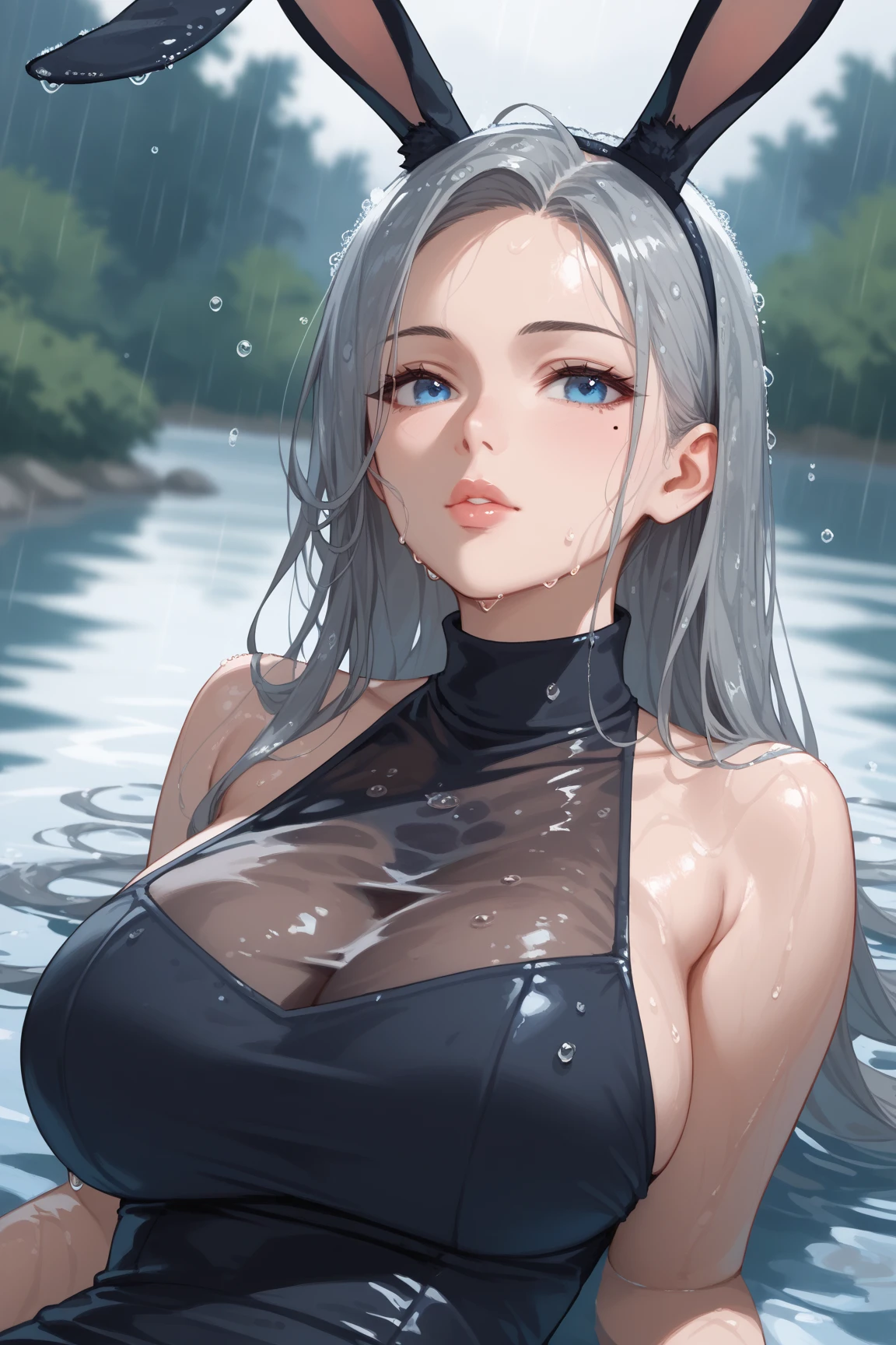 (best quality, masterpiece :1.3), pretty Woman, 1 girl, (Big breasts, Beautiful collarbone, attractive body :1.2), abdominal muscles :1.1, hair past shoulders, curls, blonde light blue hair, messy hair, Single side lock, (wet from rain, get wet by rain, wet :1.2), sky blue eyes, gradient Lake green eyes, upturned eyes, Pupils reflect surroundings, Very rich facial details, delicate lips, exquisite eyes, double eyelids, pupils sparkling, 16K