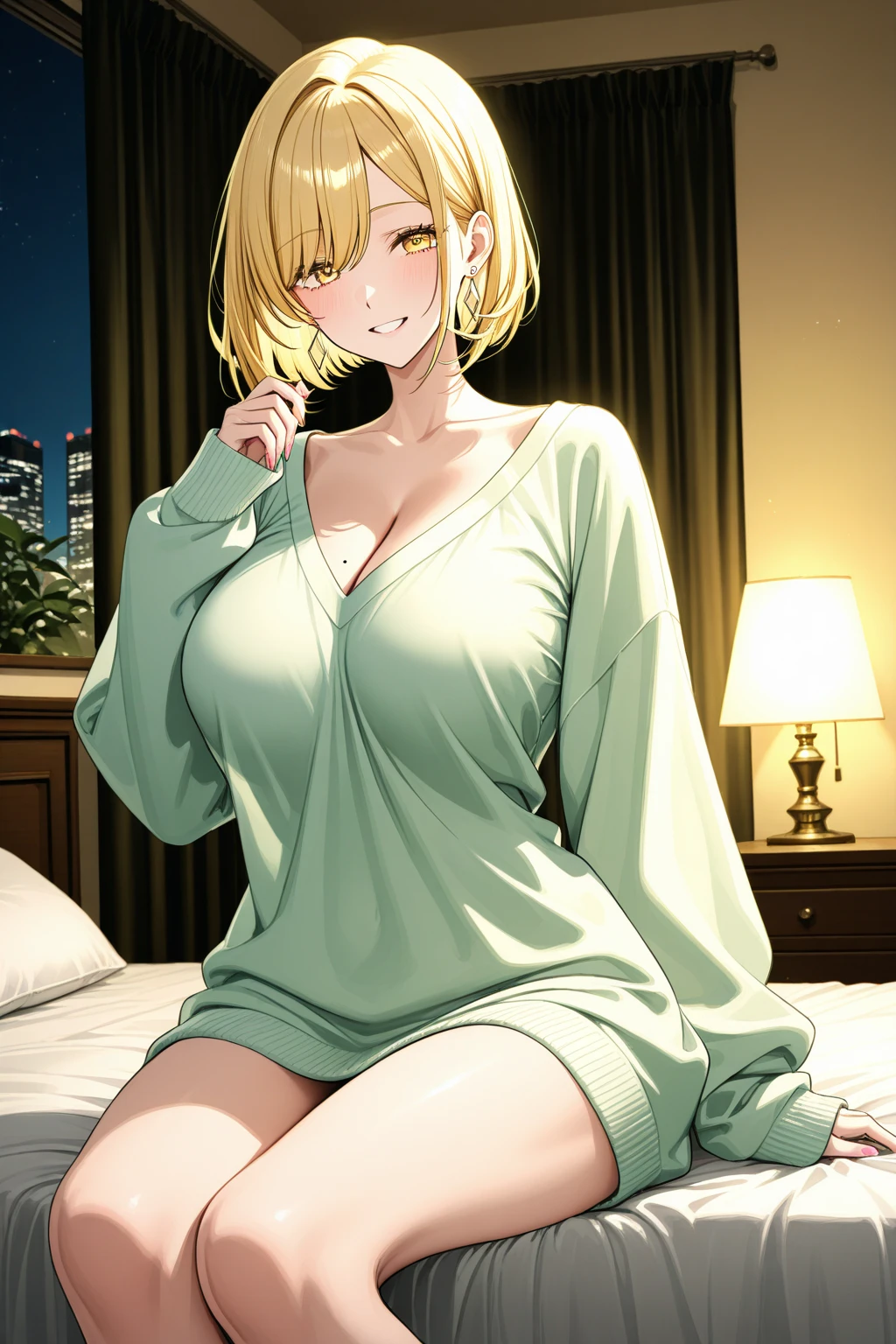Hanayo Koizumi Yellow-brown hair Purple eyes Shaggy Bob Yellow-green nightgown White garter belt smile Huge breasts night Love Hotel Seduce Lie down on the bed holding champagne glasses night景 Dark Room