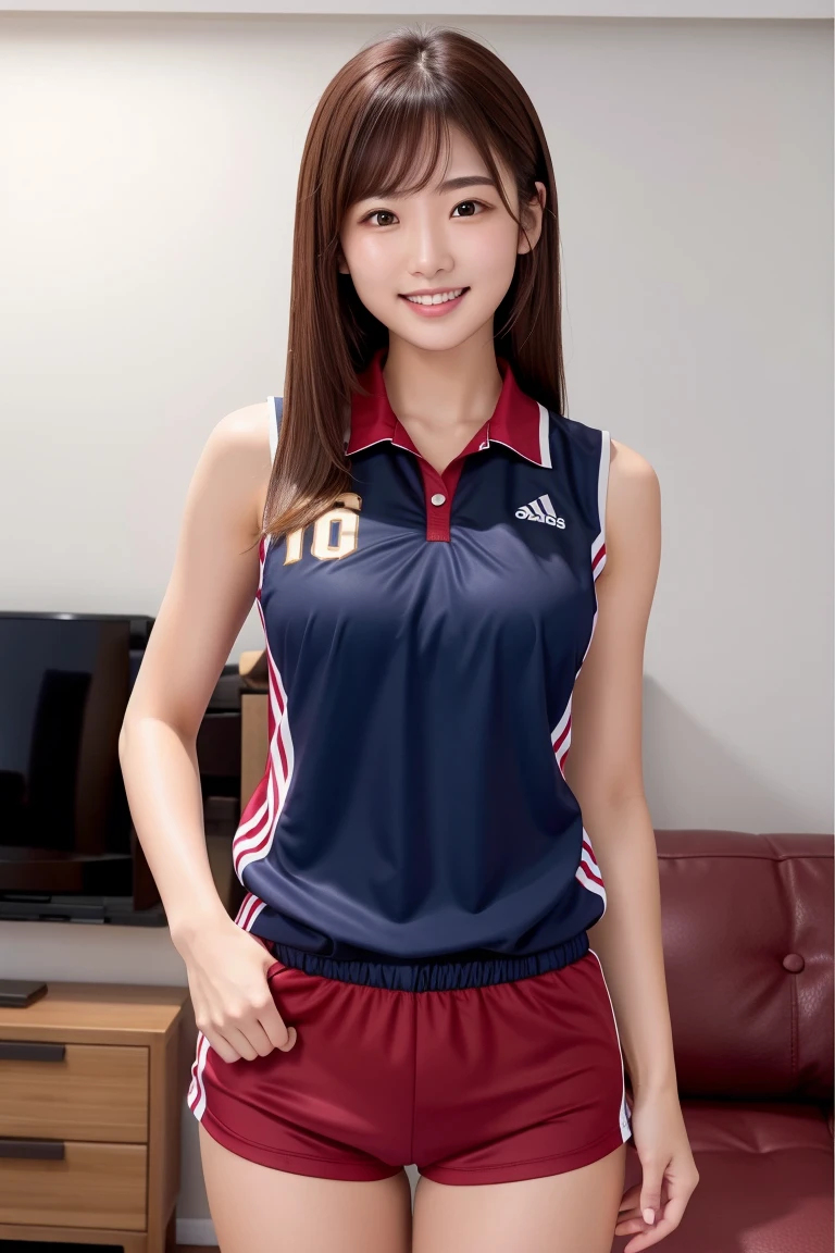 muster piece, best quality, illustration, Super detailed, fine details, High resolution, 8K,wall paper, perfect dynamic composition,(Details High quality, realistic depiction of eyes:1.3), (highest quality), (High resolution), (very delicate and beautiful),(Beautiful 8K face), (NBA),(basketball sportswear),(play basketball),(reality), large breasts, ((gymnasium)), very short hair, black hair color, Big Natural Color Lip, bold sexy pose, crying a little、cold gaze, Harajuku style、20 year old girl、cute type、lolita, hposing Gravure Idol, full body photo、focus on crotch、thighs exposed