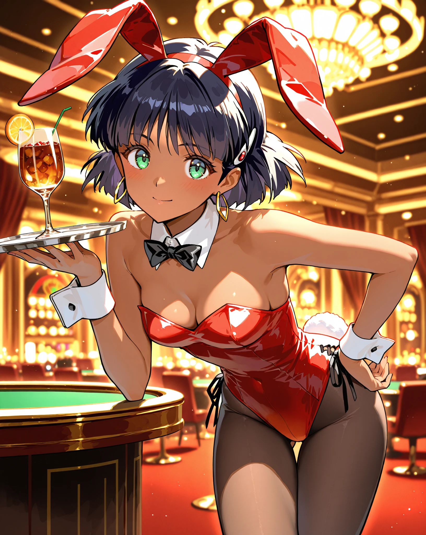 Full body shoot,purple hair,purple pupils,highlights in eyes,casino bunny suite,bright eyes,juicy lips, long eyelashes,sexy seductive look,curly purple hair flowing,pink bunny ears,fluffy bunny tail,glamorous casino background,shimmering lights,holding a tray filled with drinks,standing, high heels,shimmering,vivid colors,pin-up style,cinematic lighting,naughty and playful atmosphere, slots machines background, 