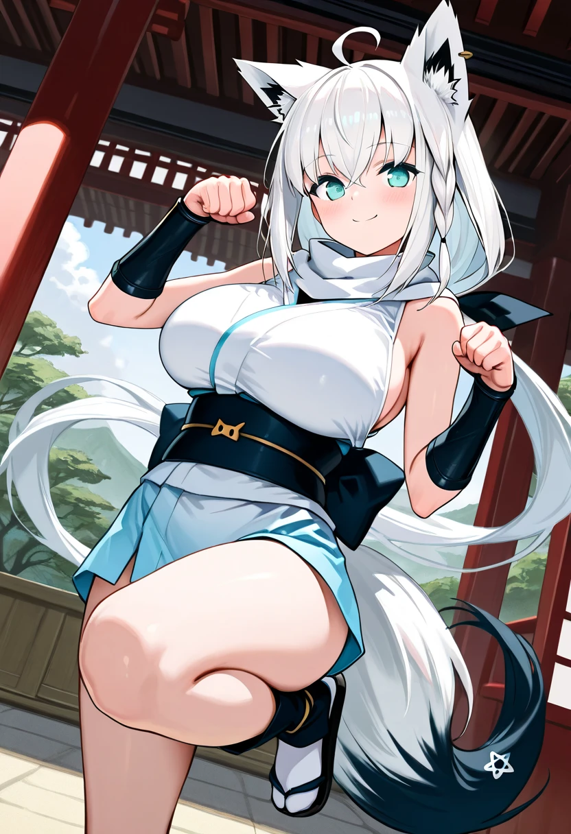(8k, Realistic, RAW Photos, Highest quality, (from below:2), View your viewers: 1.3), (Fox Girl, Fox Ears, Silver Hair, One Girl, Long Hair, (Alone on the screen, dark skin), High definition:1.6), ((White and red clothes, Reverse Bunny Suit):1.8), (Body measurements are 99-55-77!, Nice body, Big Breasts, slender, muscle, (Right hand on right knee, Left hand on left hip, I can see the valley, bent over):1.9),(美しいface, Delicate drawing, It is written down in detail), Avatar, face, 色っぽいface, Dominant representation, naughty face, Uplifting, Skin Texture, outside, ruins, Ruined City, Broken Building, There are no people