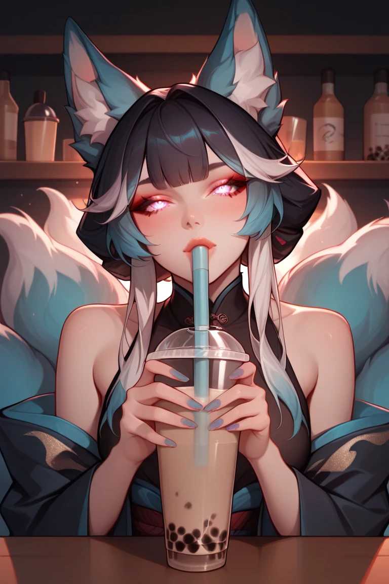 Furry, navy blue fur, super cute face, red elements on fur, beautiful lights and shadows, ambient light, super fine fur, volumetric light.... Naked girl licking the tip of a man penis while she cries and giving a handjob
