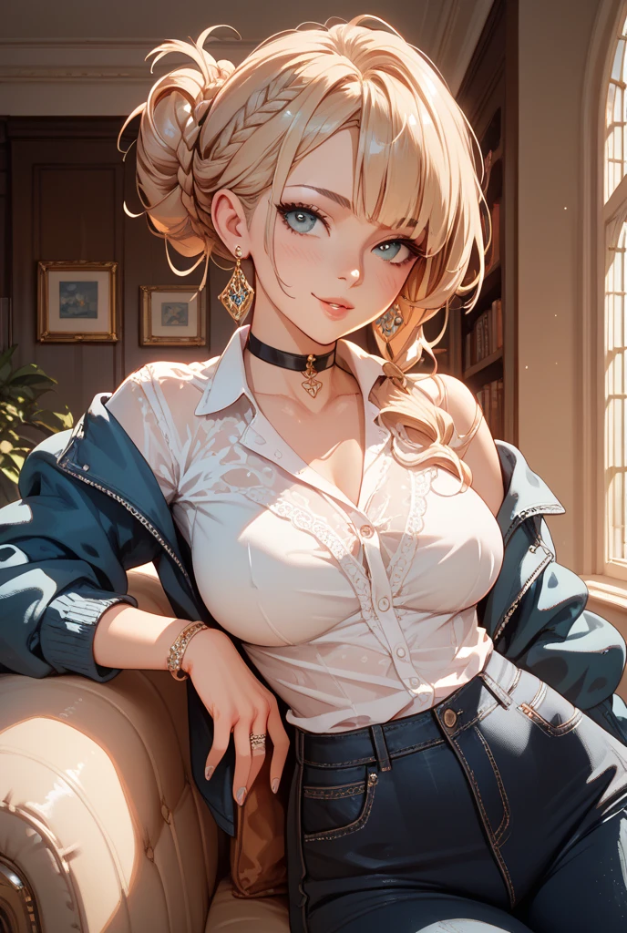 Good anatomy, tmasterpiece, Best quality at best, 4K, 8K, professional photoshooting, softlighting, Focus sharp, Liman, Riman,1 girl, Riman chairs,Sit Pose,eventide,The breeze blows through,falling leaf,Blonde hair, The shirt, long skirt,flip blonde, Bank spin-offs, 详细的脸+Brown eyes, Had a great time,Slightly drunk,The face is red,Tsundere, Beauty mole,lipsticks, choker necklace, Colossal tits,