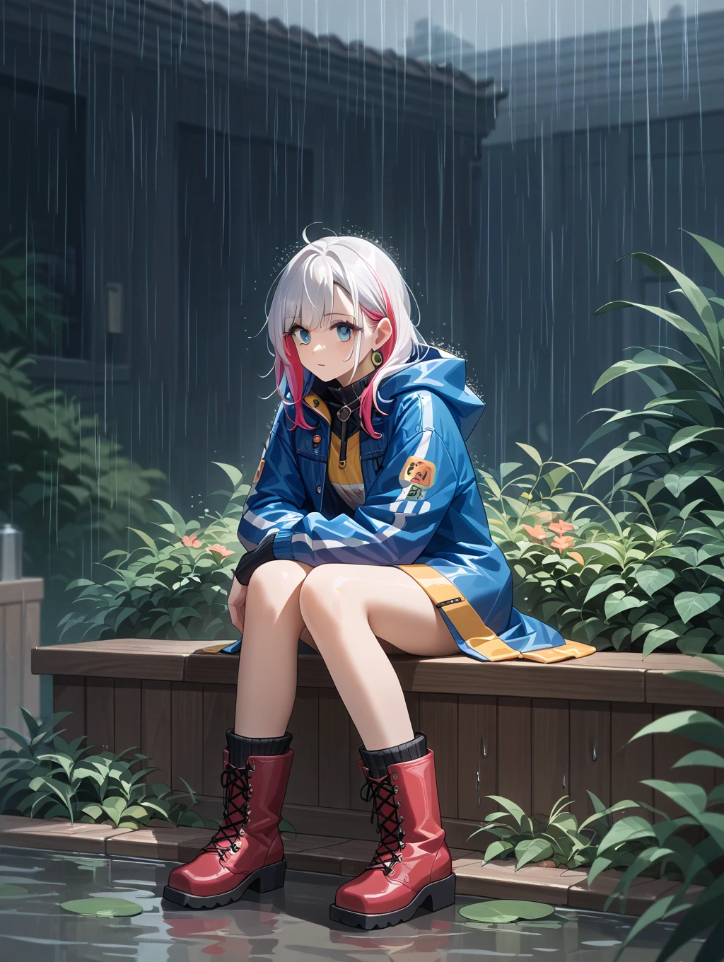 masterpiece, Highest quality, High Resolution, HS1,blush、smile,NSFW,rain、Raincoat,Crouching