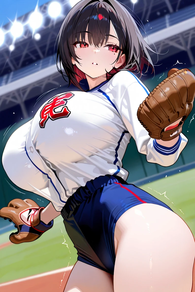 neocoill, masterpiece, best quality, 1girl, baseball thin transparent uniform,wet in sweat ,nipple showing through wet uniform ,,solo, baseball mitt, baseball cap, hat, baseball, sky, ,sportswear, cloud, black hair, blue sky, day, holding, shirt, bangs, medium Hair ,standing, holding ball, outdoors, looking at viewer, parted lips, large breasts, mature female,