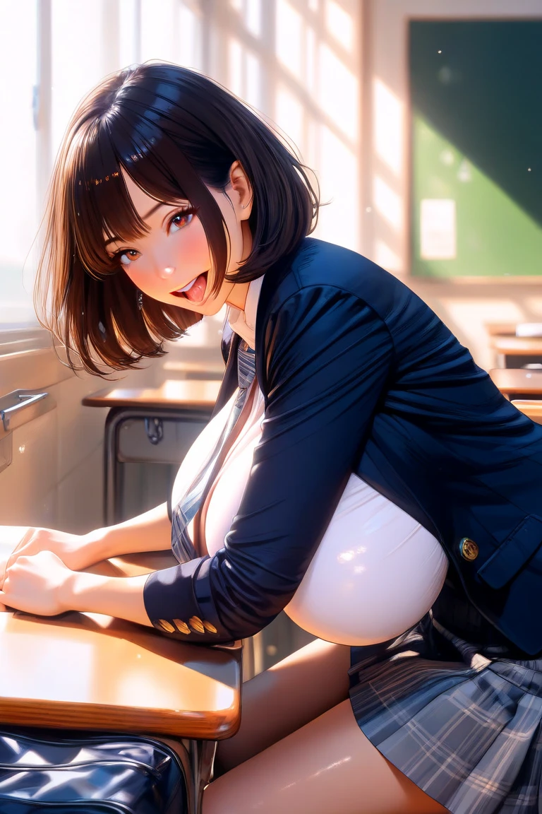 masterpiece, best quality, high quality, perfect anatomy, ultra detailed, perfect design,
BREAK,
high school girl, beautiful detailed face, realistic skin, (shiny glossy skin),
BREAK,
brown eyes, ((realistic eyes)), ultra detailed eyes, beautiful high light eyes, (narrow eyes), ((droopy eyes)), (big eyes), (wide-set eyes), double eyelids, ((half closed eyes)),
BREAK,
brown hair, ((bob cut)), ((straight hair)), (medium side hair), thin hair, (swept bangs), shiny glossy hair, 
BREAK,
seductive smile, (open mouth), tongue out, (feeling weak), ((embarrassed)), (nose blush),
BREAK,
(gym uniform, navy blue bloomers), (((long sleeve white shirt, unbutton, open clothes))), (((black over knee socks))), small breasts, big areola, erection of nip-ples, camel-toe,
BREAK,
(sitting on the desk), (hands putting on the desk), (((spread legs))), (((legs up))), ((from above)), (((looking up))), (((focus face))),
BREAK,
(classroom), top light, warm light