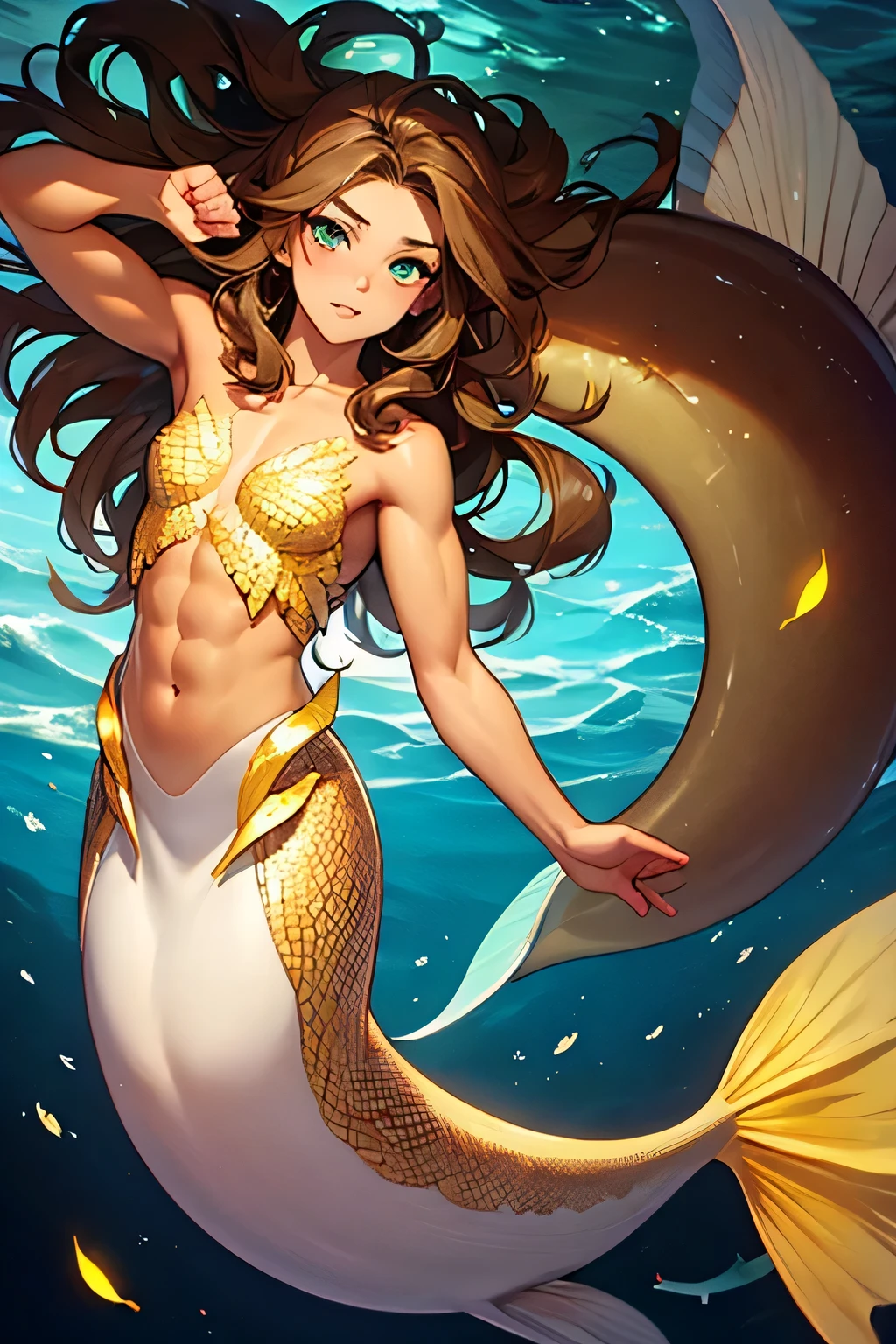 Girl, snake princess, golden scaley bikini, snake crown, snake head belt buckle, golden snake pet, swimming in river, wet,covered in water, wet hair, long hair, golden snake high heels, golden nail polish, golden bracelets, golden anklets, golden gleaming eyes