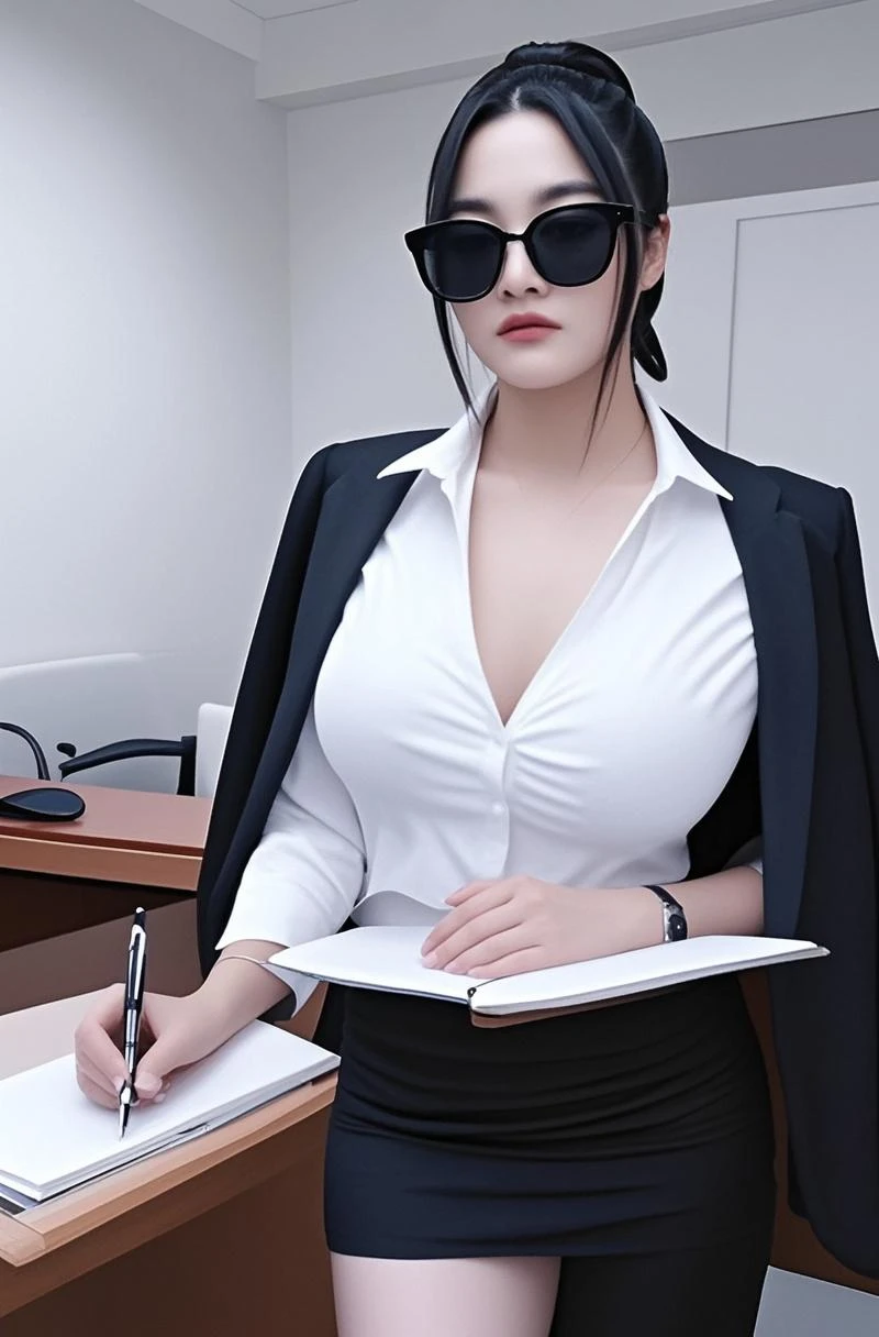 off-shoulder , extra long hair, helpless, deep cleavage, wild hair, office, secretary, at the meeting, at the boss's, full body, fearful face, shy, dirty hair, dirty business clothes , business suit