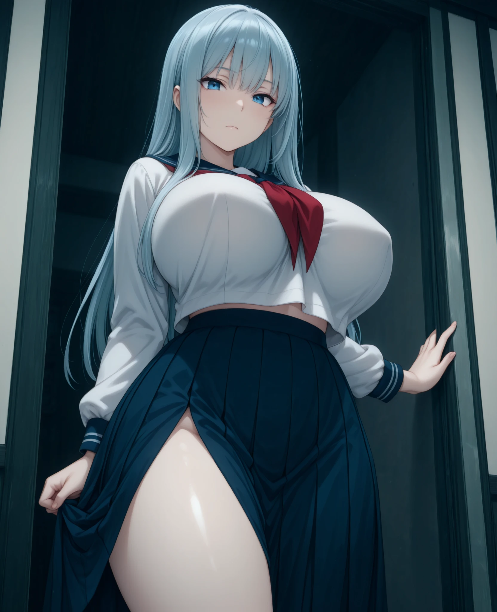 Woman 37 years old Cosplay as Yuki Asuna, KizukiAi, black hair , Brown eyes, huge breasts, long hair, Hair, big ass , very tight catbo thong, White gloves, white uniform, White boots, Red dress, Red Belts, big breasts,navel, split, mini skirt, from below, spread your arms,Very deep neckline 
(Best quality, masterpiece, Raw photo,ultra detailed:1.2), 1 girl,One,Looking at the viewer,smile, in the living room on the sofa ) she is wearing very high pink platform shoes with sparkles 