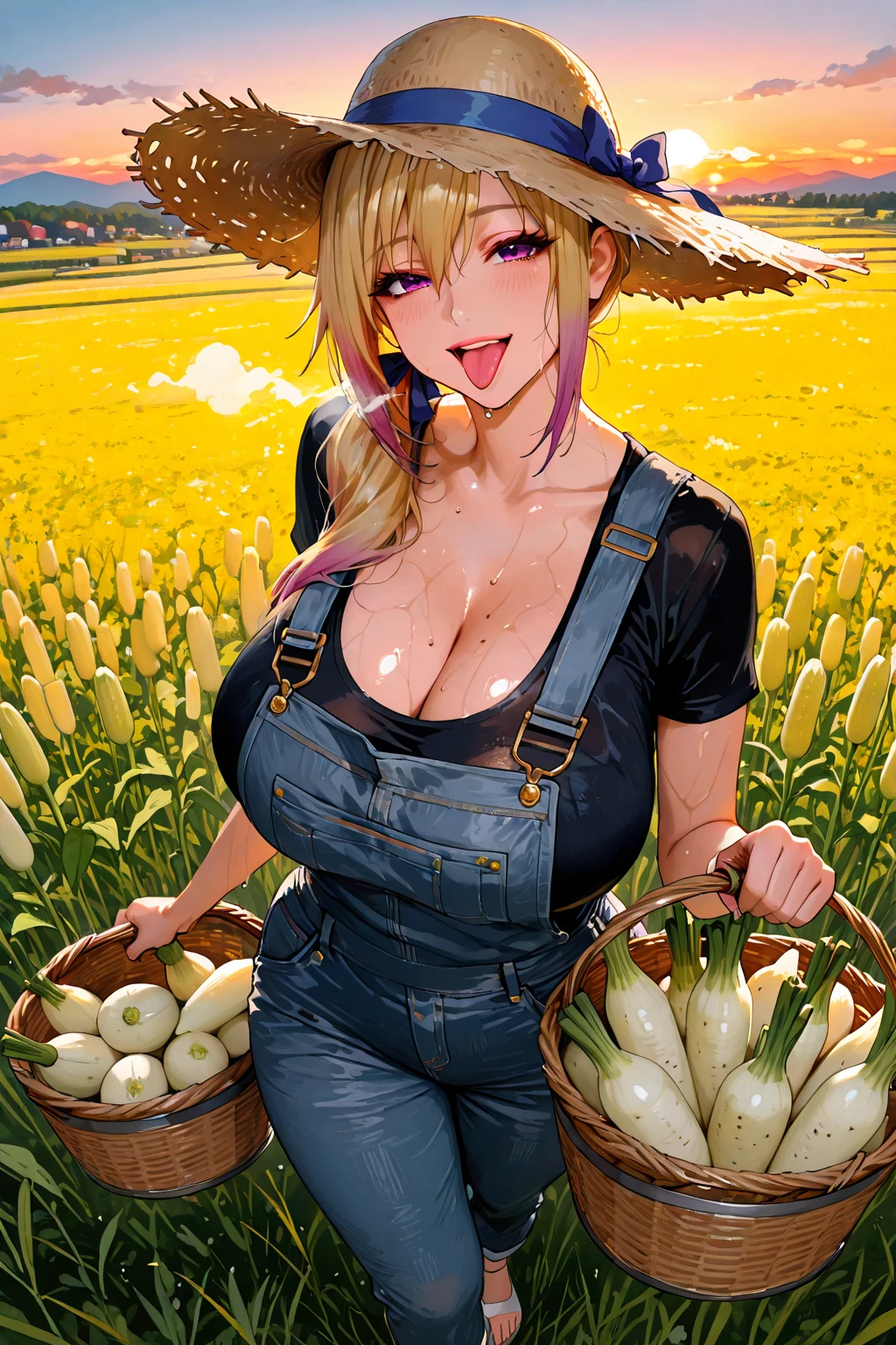blue eyes,short hair,jewelry hairband, short hair, bob cut,masterpiece, high quality, best quality, an aroused plump girl, (grabbing_own_breast:1.4), cleavage, lingerie, purple hair, freckles, hairs, straw hat, plaid shirt, denim shorts, (sitting in a corn field), open mouth, (blush:1.2), (sweat:1), (sunny:1.2) female masturbation