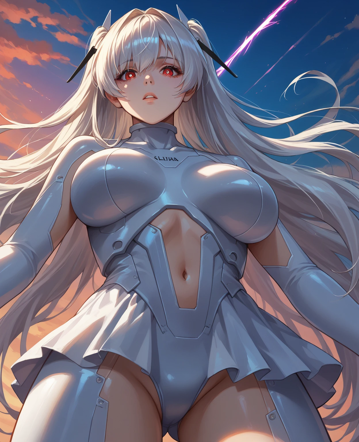 -Anime style- -High quality- -artwork- A beautiful woman, long white hair, bright blue eyes, red horns, tall body or build, with normal ears, VERY large breasts, butt big, wide waist, dressed in angelic or god clothes, angelic long pants, super giant body, looking at a small house with a surprised expression
