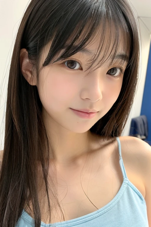 masutepiece, Best Quality, 8K, 15yo student, Teen, Raw photo, absurderes, award winning portrait, Smile, Smile, Solo, Night, neons, Idol face, violaceaess, gardeniass, Delicate girl, Upper body, Digital SLR, Looking at Viewer, Candid, Sophisticated, zora々Right, Thin arms, Professional Lighting, Film grain, chromatic abberation, (Eyes and faces with detailed:1.0), (Bokeh:1.1)